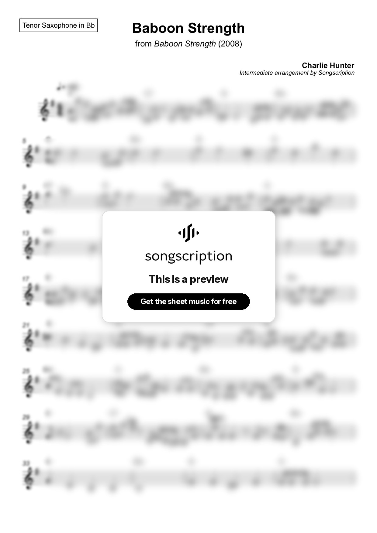 Intermediate Tenor Sax Sheet Music for "Baboon Strength" by Charlie Hunter