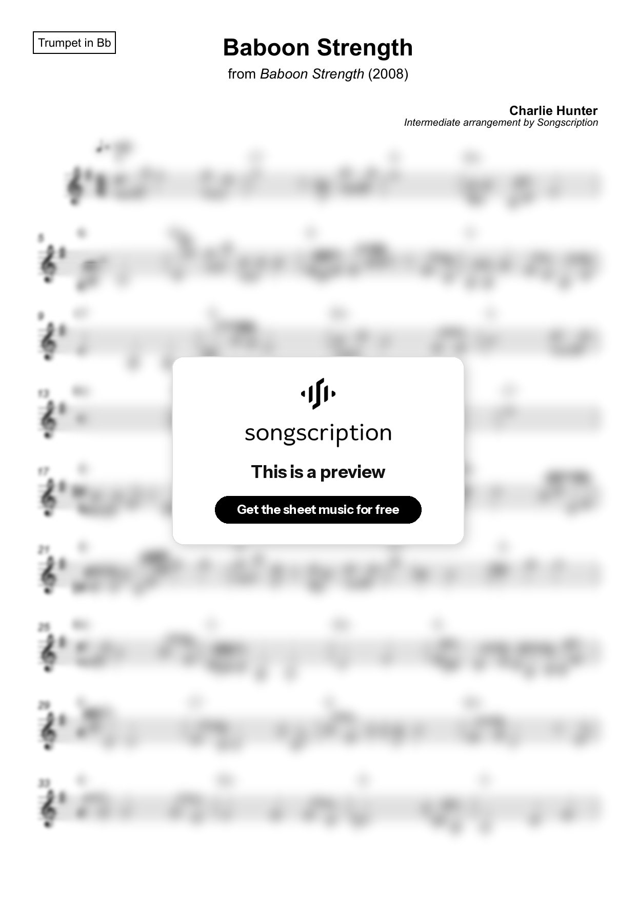 Intermediate Trumpet Sheet Music for "Baboon Strength" by Charlie Hunter
