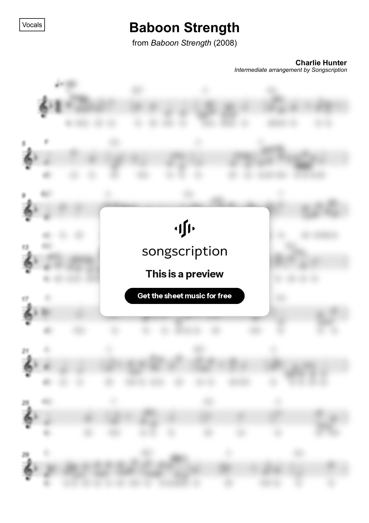 Intermediate Vocals Sheet Music for "Baboon Strength" by Charlie Hunter
