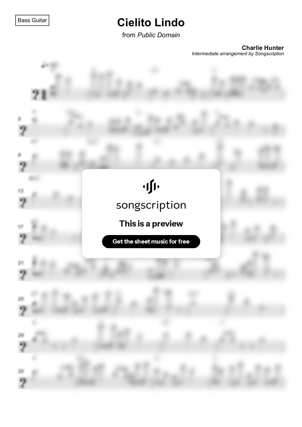 Intermediate Bass Guitar Sheet Music for "Cielito Lindo" by Charlie Hunter