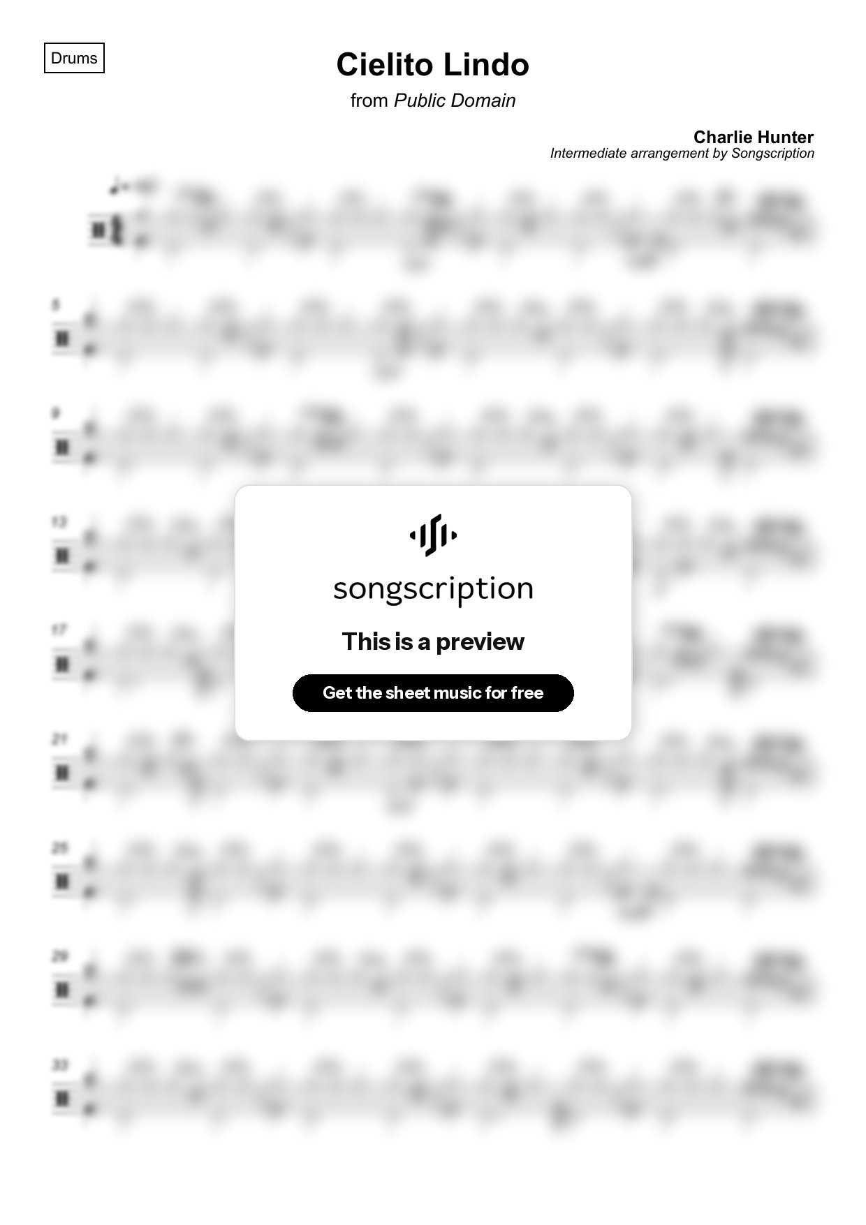 Intermediate Drums Sheet Music for "Cielito Lindo" by Charlie Hunter