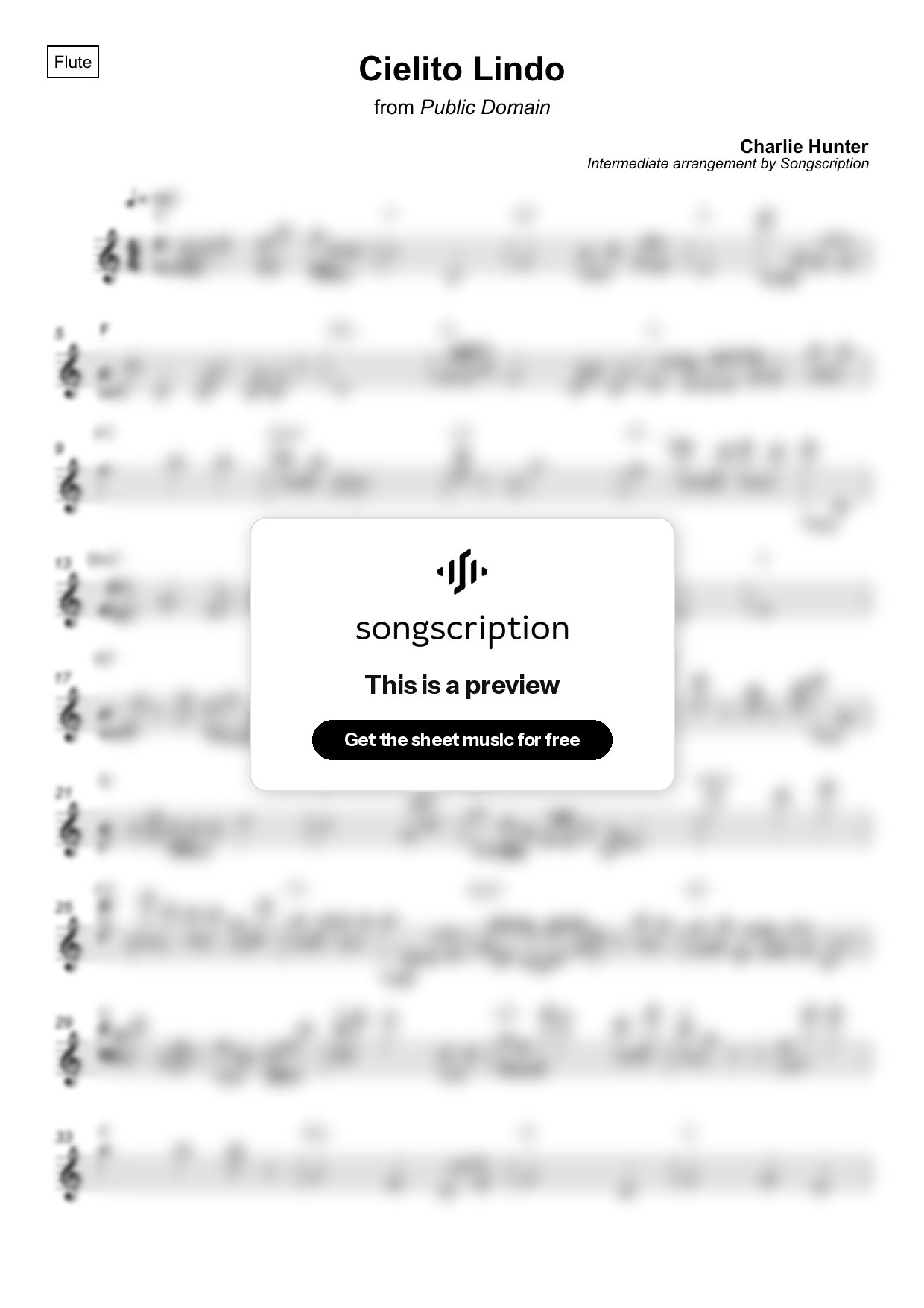 Intermediate Flute Sheet Music for "Cielito Lindo" by Charlie Hunter