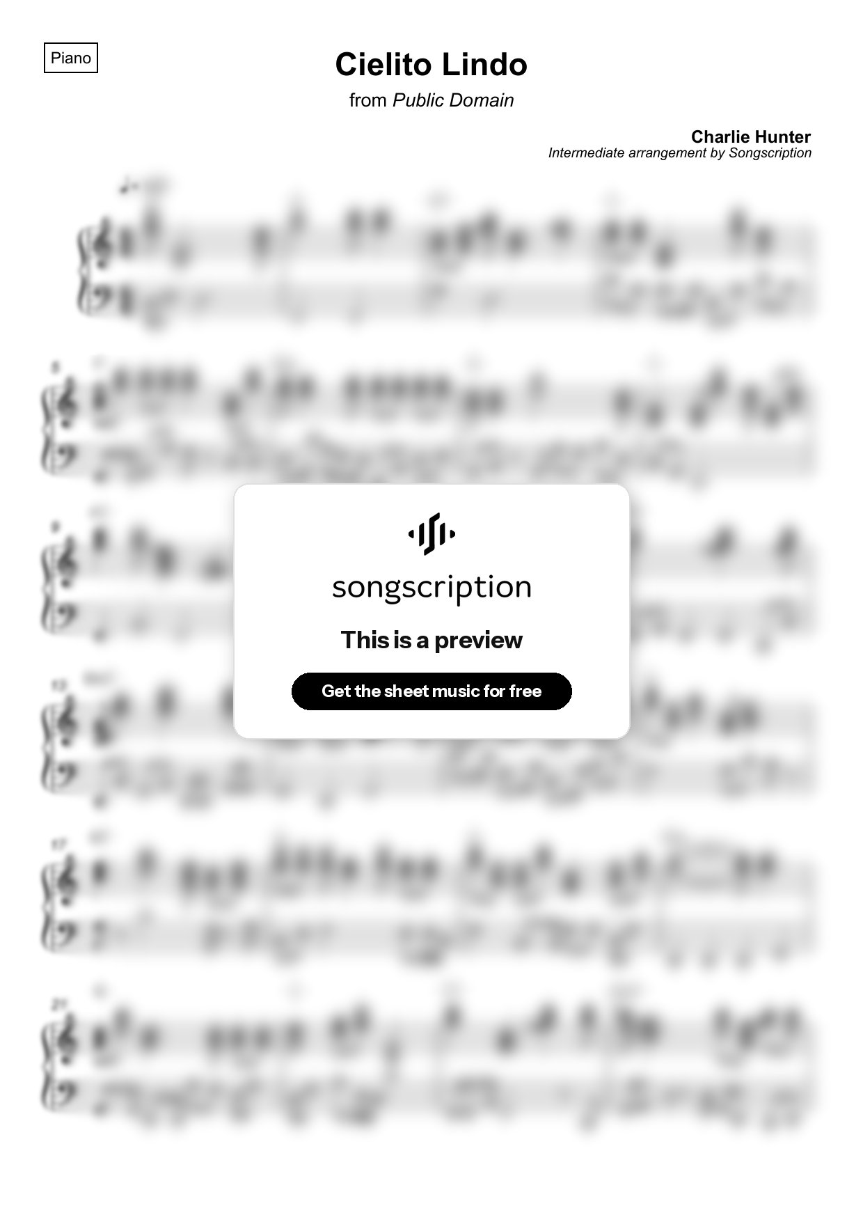 Intermediate Piano Sheet Music for "Cielito Lindo" by Charlie Hunter
