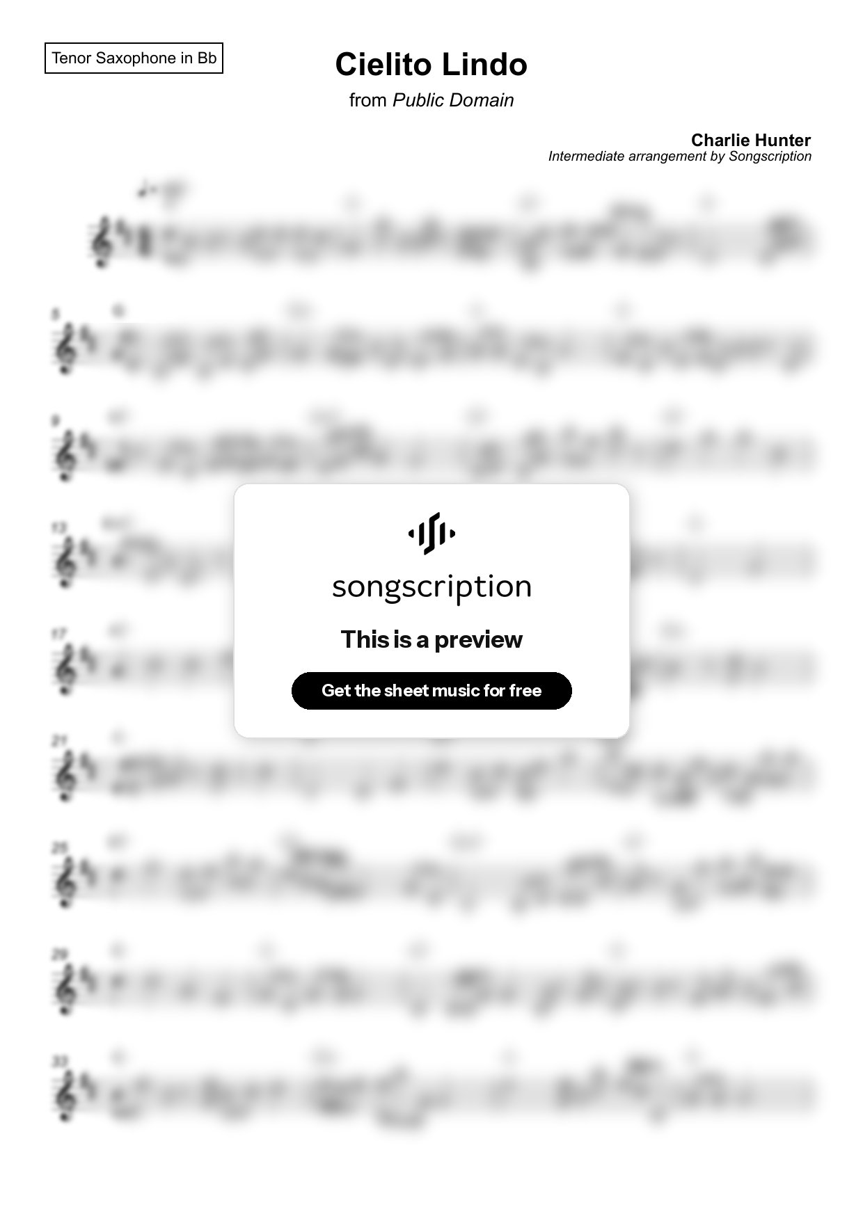 Intermediate Tenor Sax Sheet Music for "Cielito Lindo" by Charlie Hunter