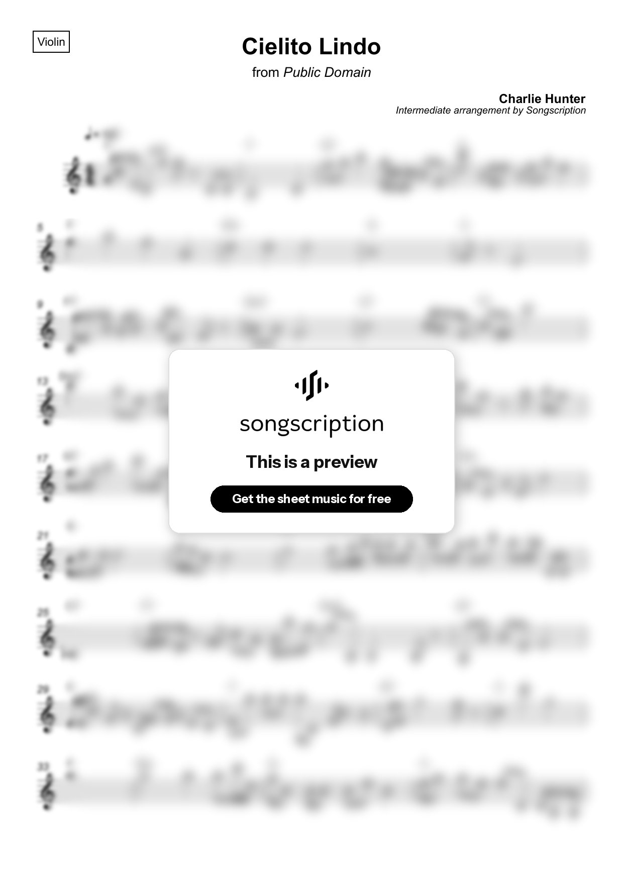Intermediate Violin Sheet Music for "Cielito Lindo" by Charlie Hunter