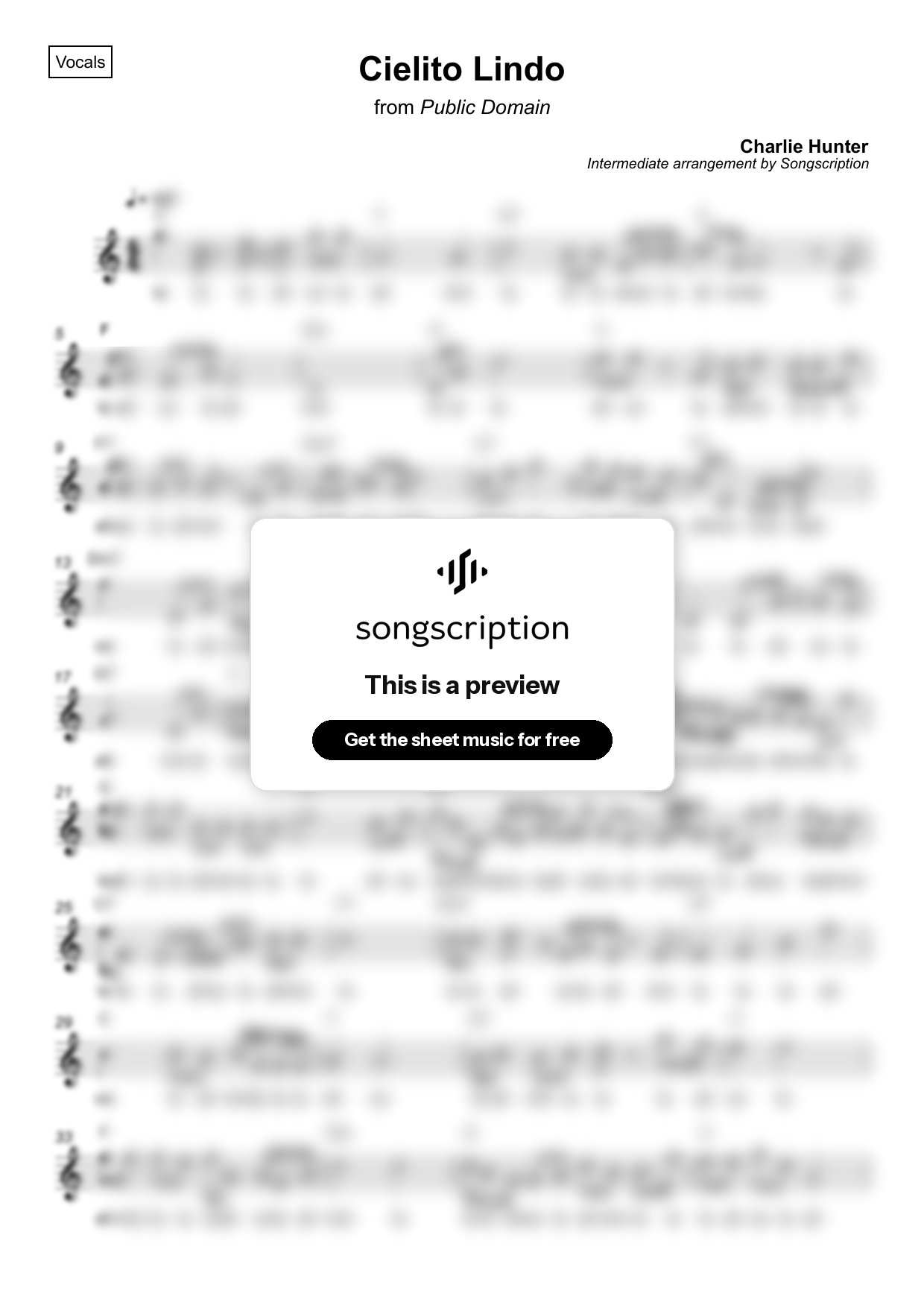 Intermediate Vocals Sheet Music for "Cielito Lindo" by Charlie Hunter