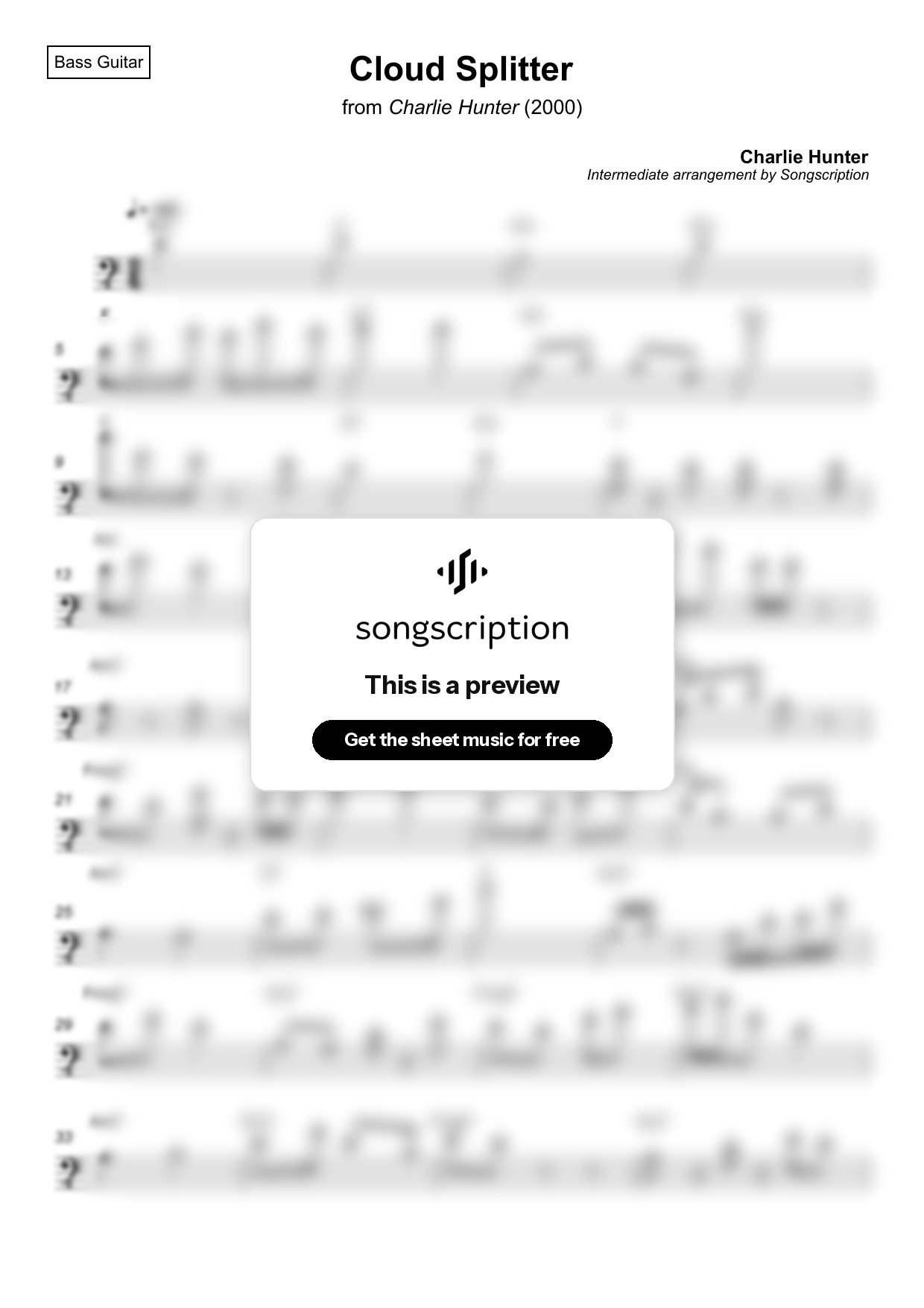 Intermediate Bass Guitar Sheet Music for "Cloud Splitter" by Charlie Hunter