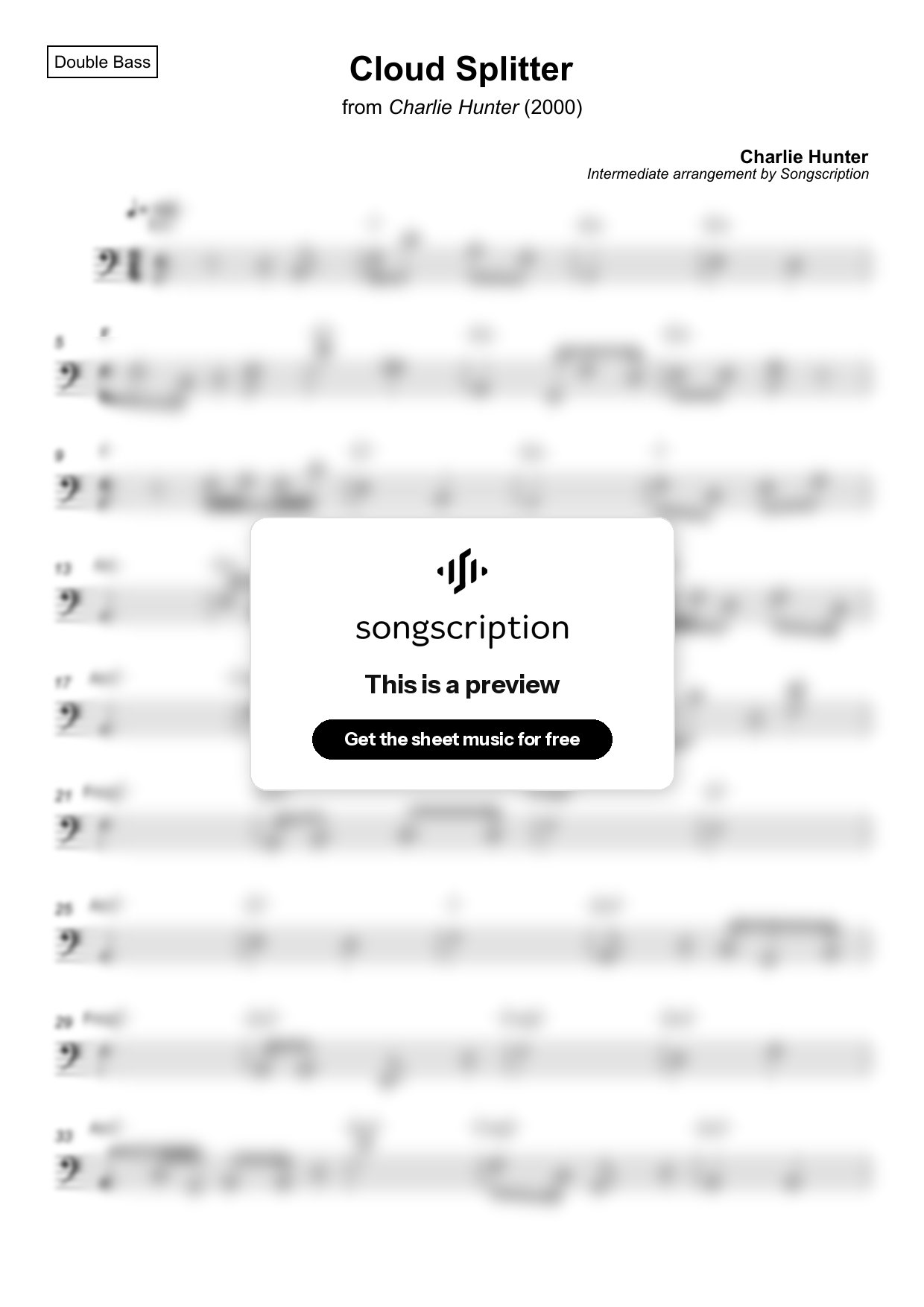 Intermediate Double Bass Sheet Music for "Cloud Splitter" by Charlie Hunter