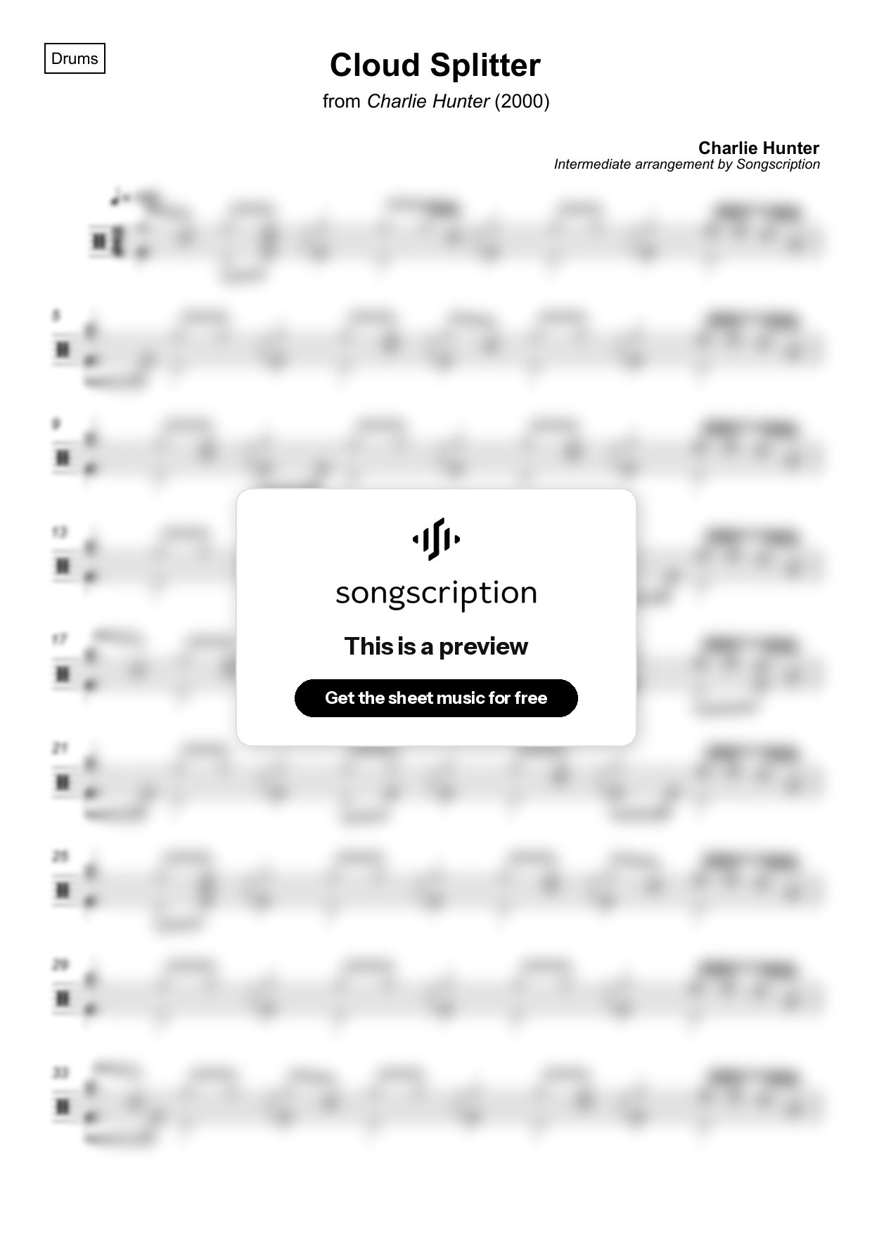 Intermediate Drums Sheet Music for "Cloud Splitter" by Charlie Hunter