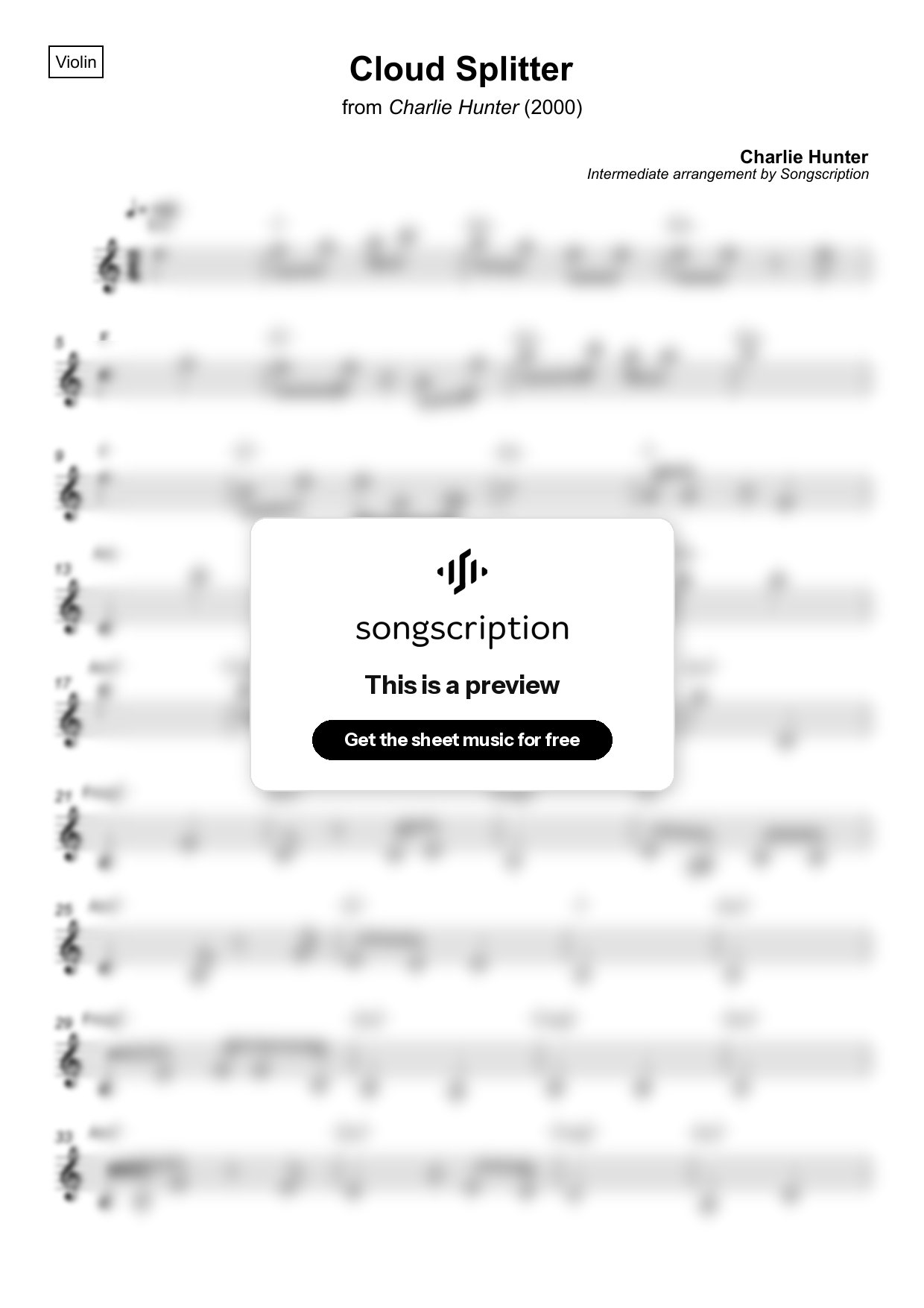 Intermediate Violin Sheet Music for "Cloud Splitter" by Charlie Hunter