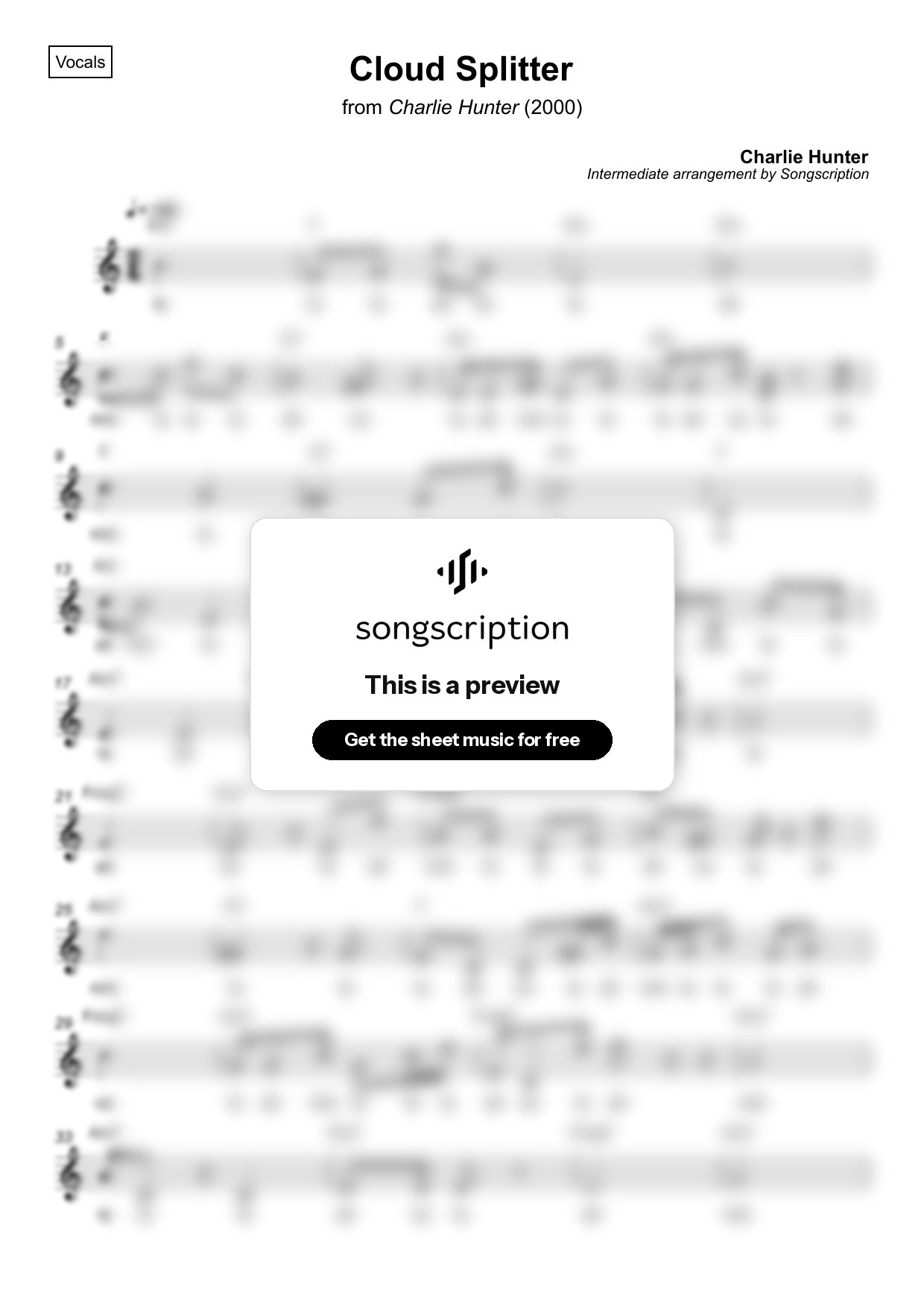 Intermediate Vocals Sheet Music for "Cloud Splitter" by Charlie Hunter