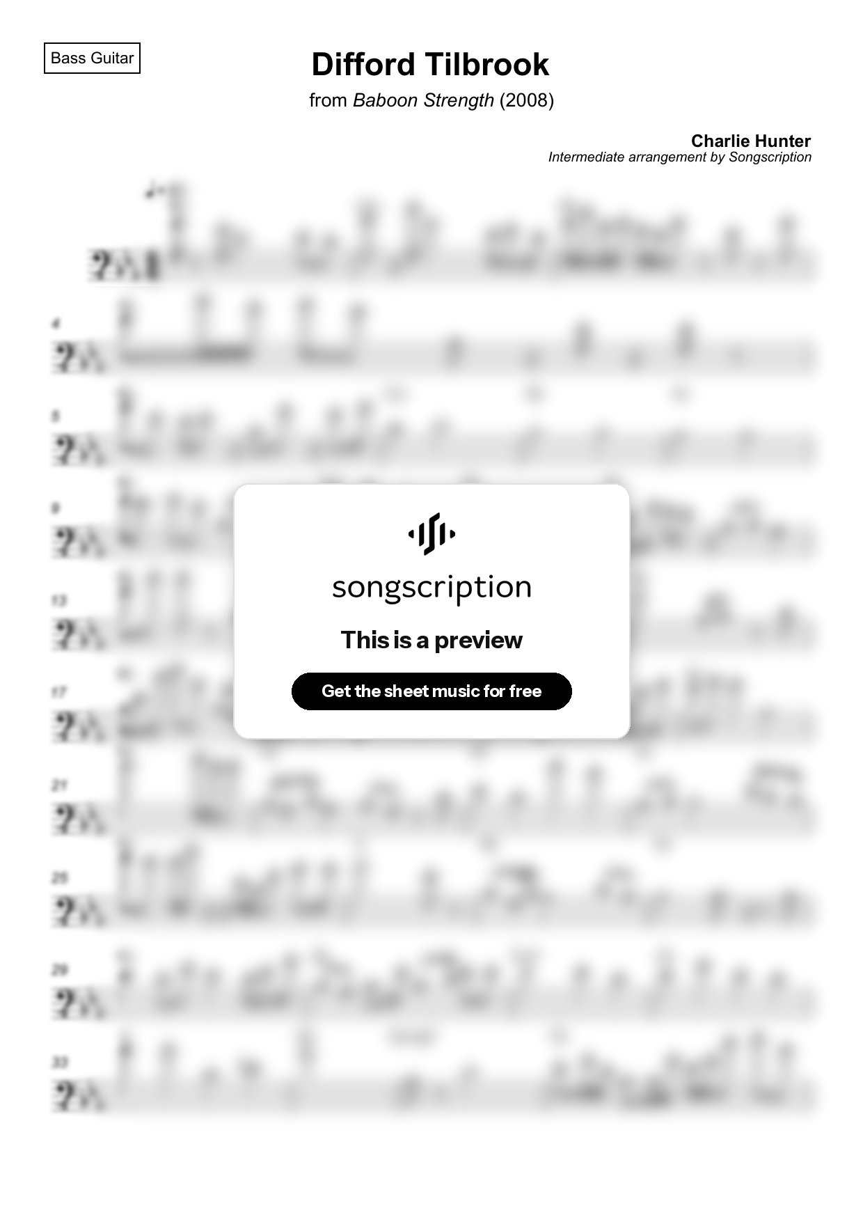 Intermediate Bass Guitar Sheet Music for "Difford Tilbrook" by Charlie Hunter