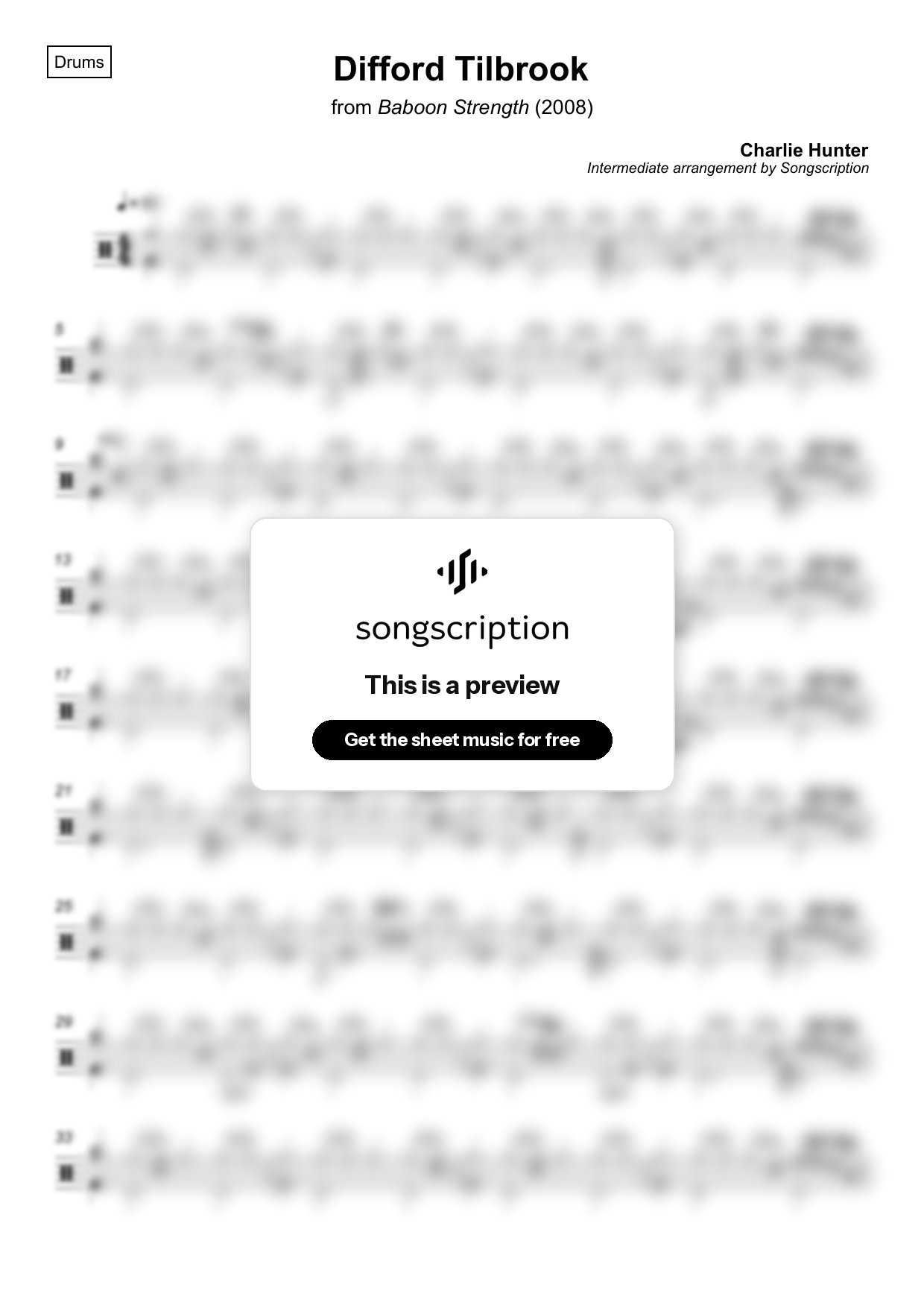 Intermediate Drums Sheet Music for "Difford Tilbrook" by Charlie Hunter
