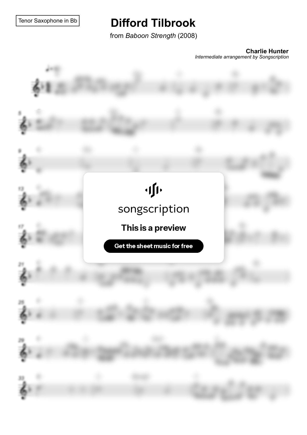 Intermediate Tenor Sax Sheet Music for "Difford Tilbrook" by Charlie Hunter
