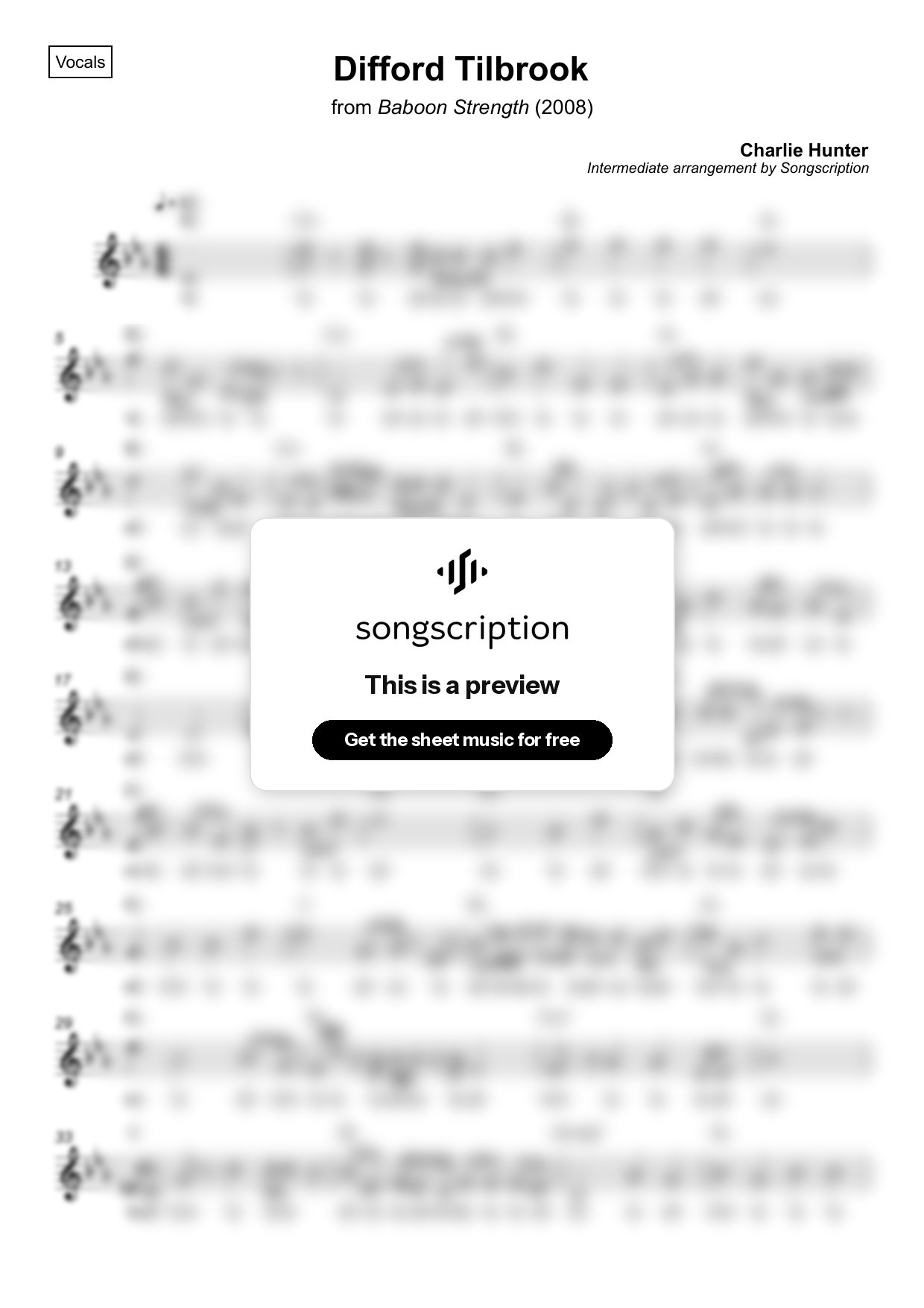 Intermediate Vocals Sheet Music for "Difford Tilbrook" by Charlie Hunter