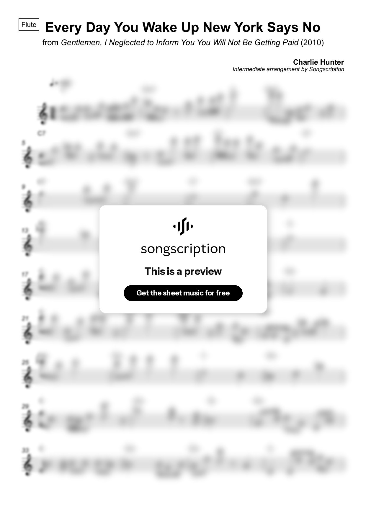 Intermediate Flute Sheet Music for "Every Day You Wake Up New York Says No" by Charlie Hunter