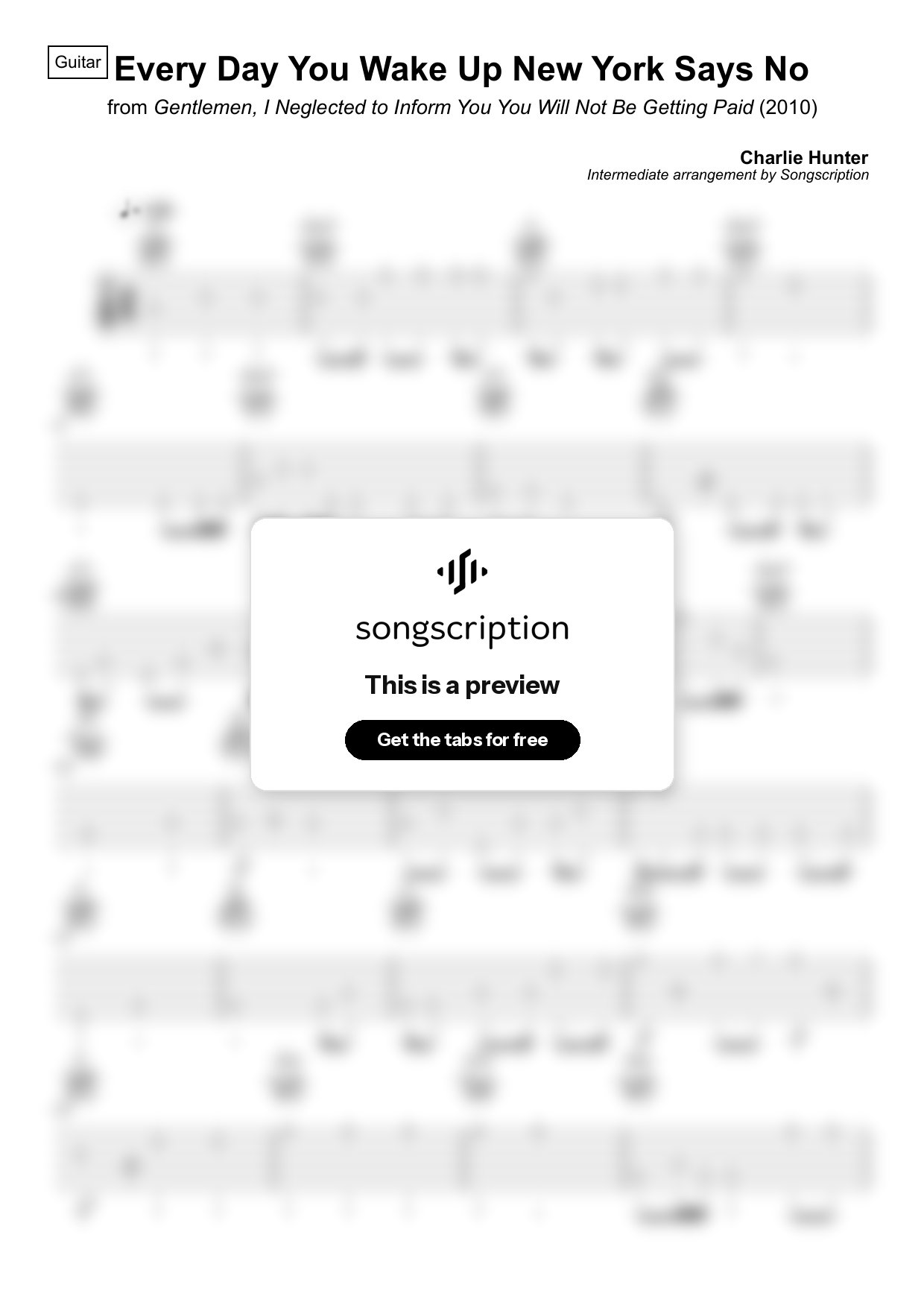 Intermediate Acoustic Guitar Tabs for "Every Day You Wake Up New York Says No" by Charlie Hunter