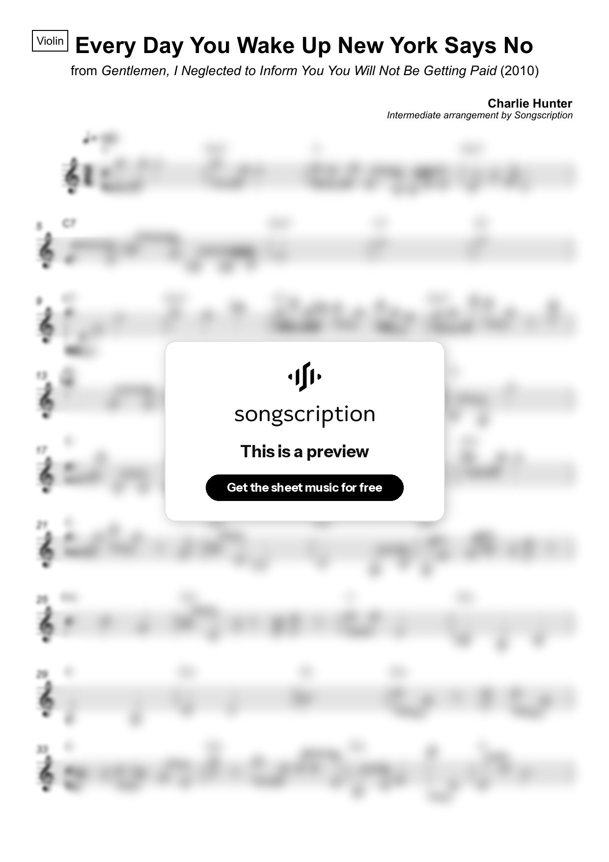 Intermediate Violin Sheet Music for "Every Day You Wake Up New York Says No" by Charlie Hunter