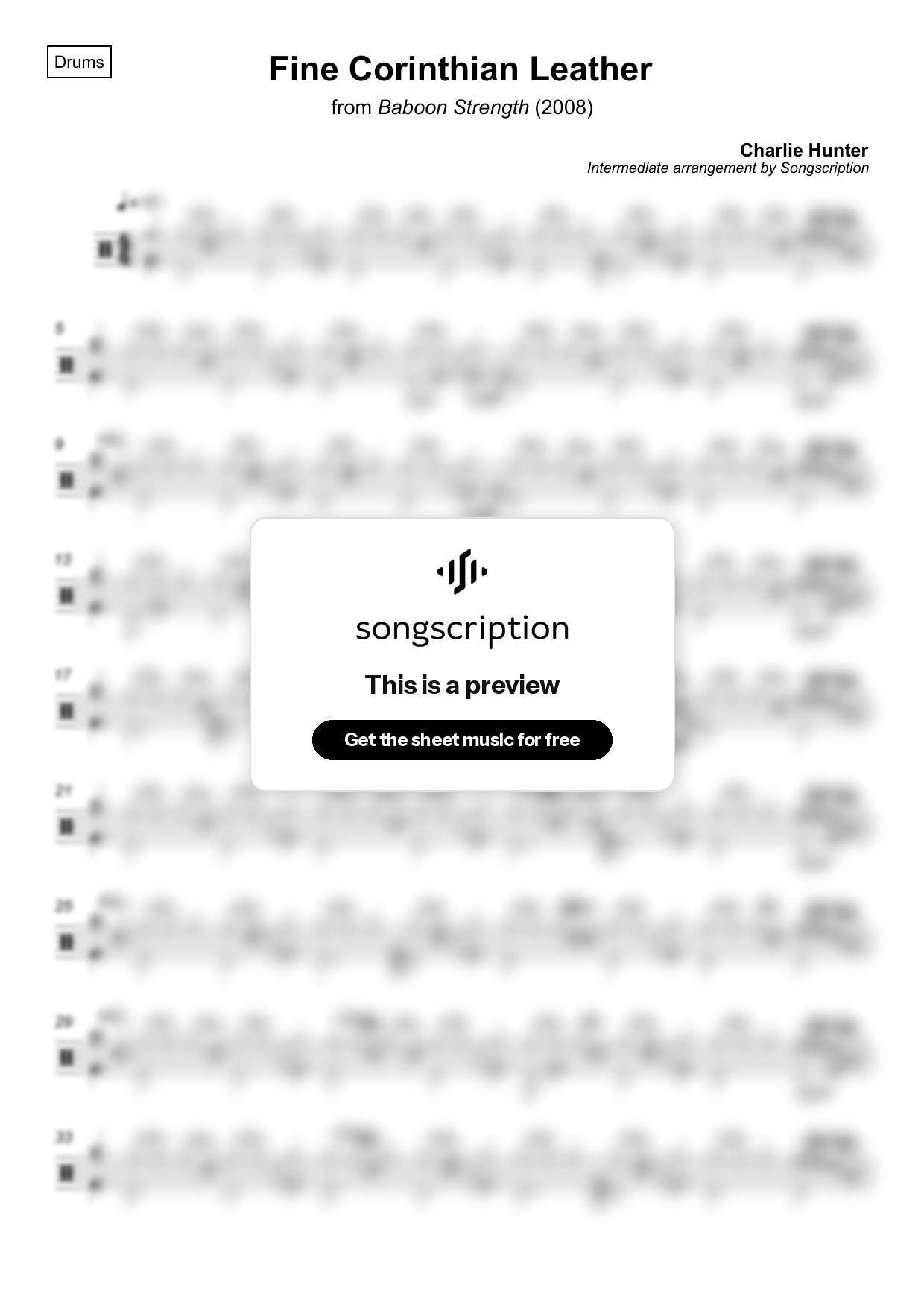 Intermediate Drums Sheet Music for "Fine Corinthian Leather" by Charlie Hunter