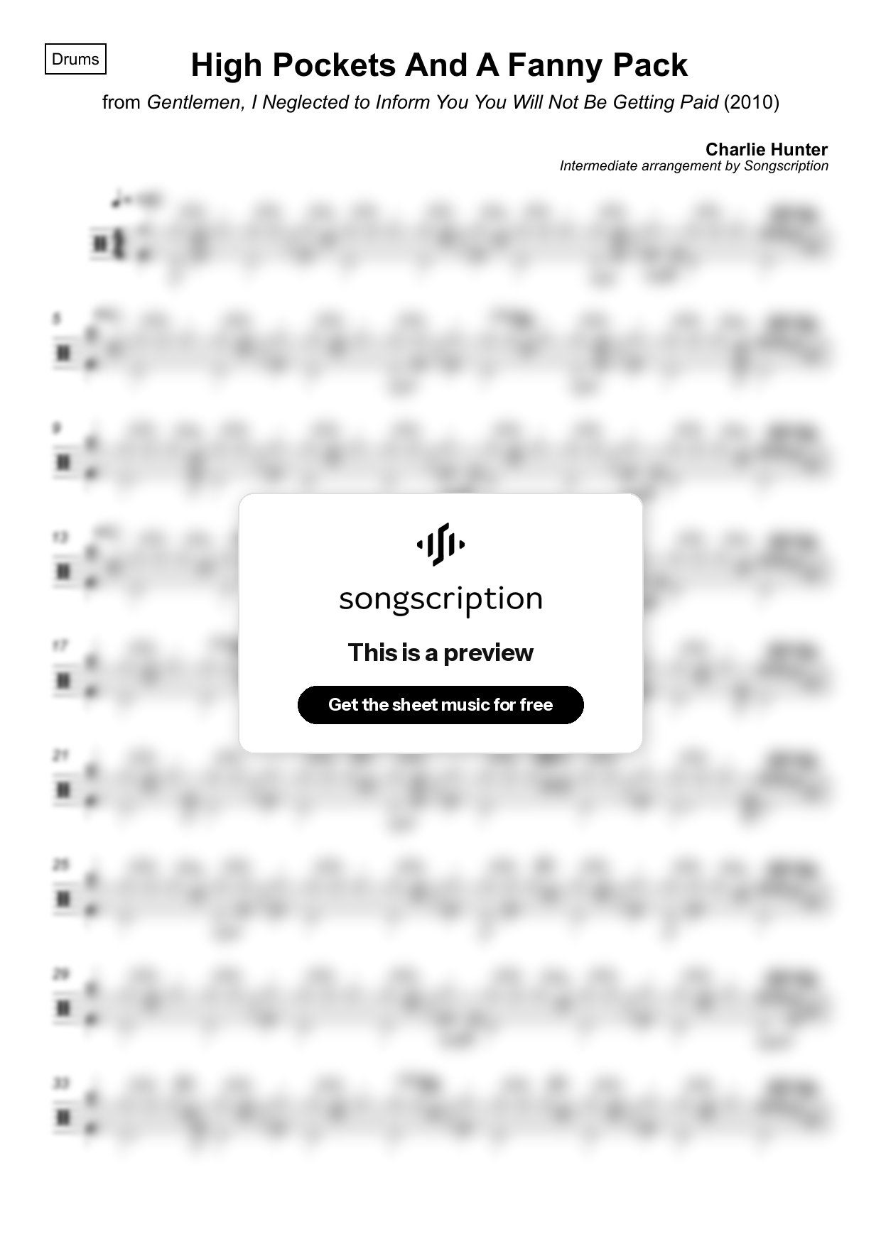 Intermediate Drums Sheet Music for "High Pockets And A Fanny Pack" by Charlie Hunter
