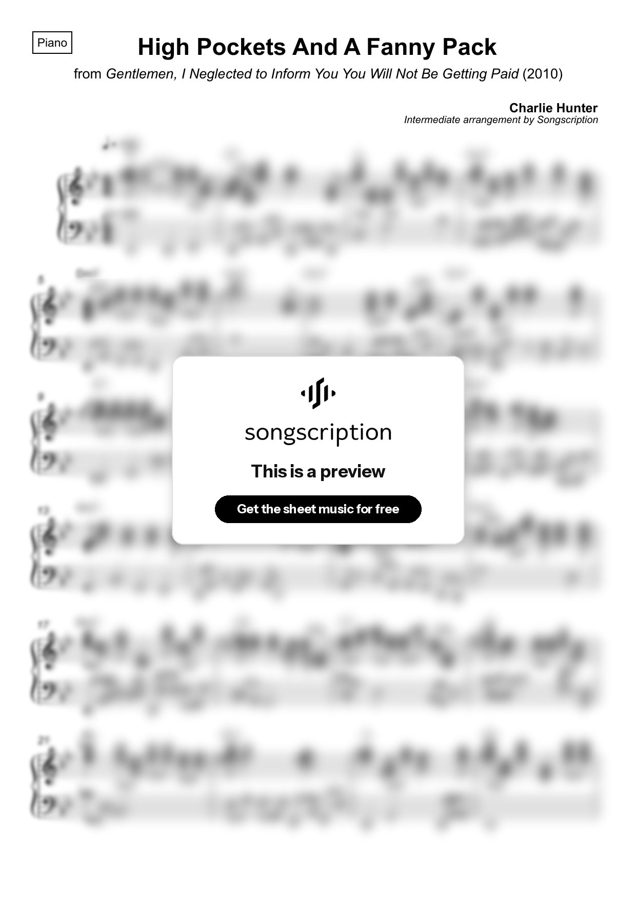 Intermediate Piano Sheet Music for "High Pockets And A Fanny Pack" by Charlie Hunter