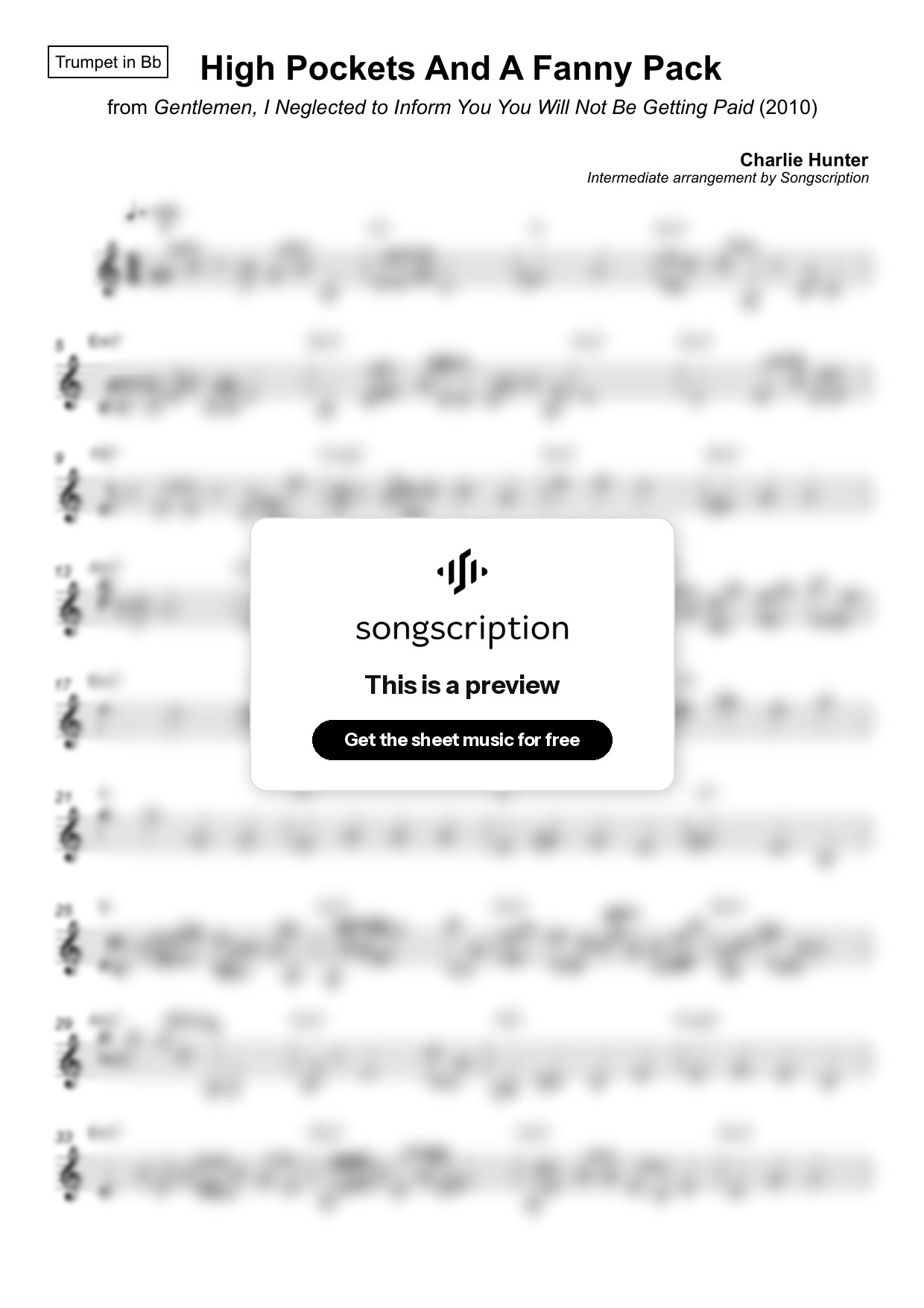 Intermediate Trumpet Sheet Music for "High Pockets And A Fanny Pack" by Charlie Hunter