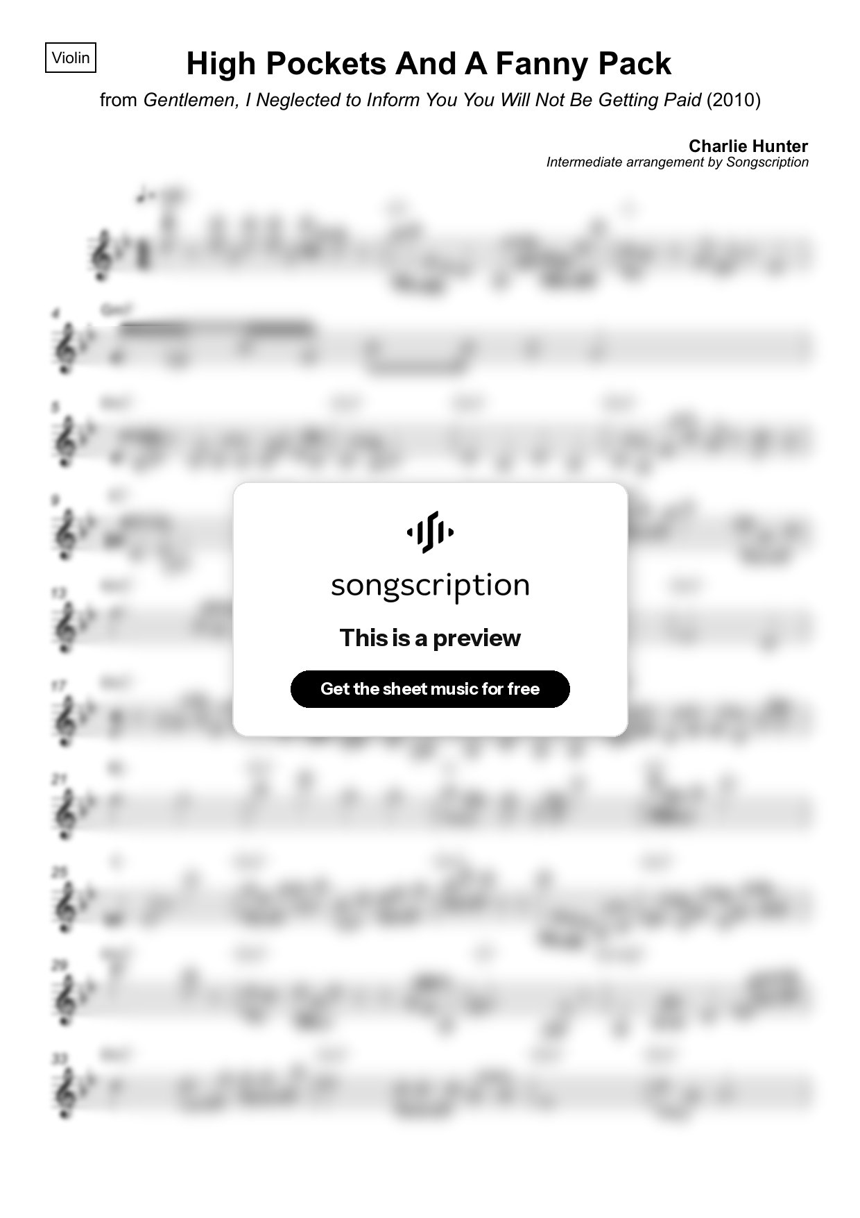 Intermediate Violin Sheet Music for "High Pockets And A Fanny Pack" by Charlie Hunter