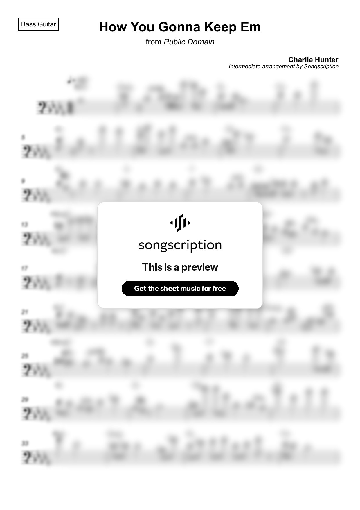 Intermediate Bass Guitar Sheet Music for "How You Gonna Keep Em" by Charlie Hunter