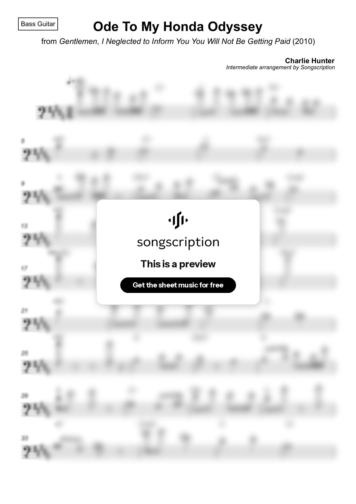 Intermediate Bass Guitar Sheet Music for "Ode To My Honda Odyssey" by Charlie Hunter