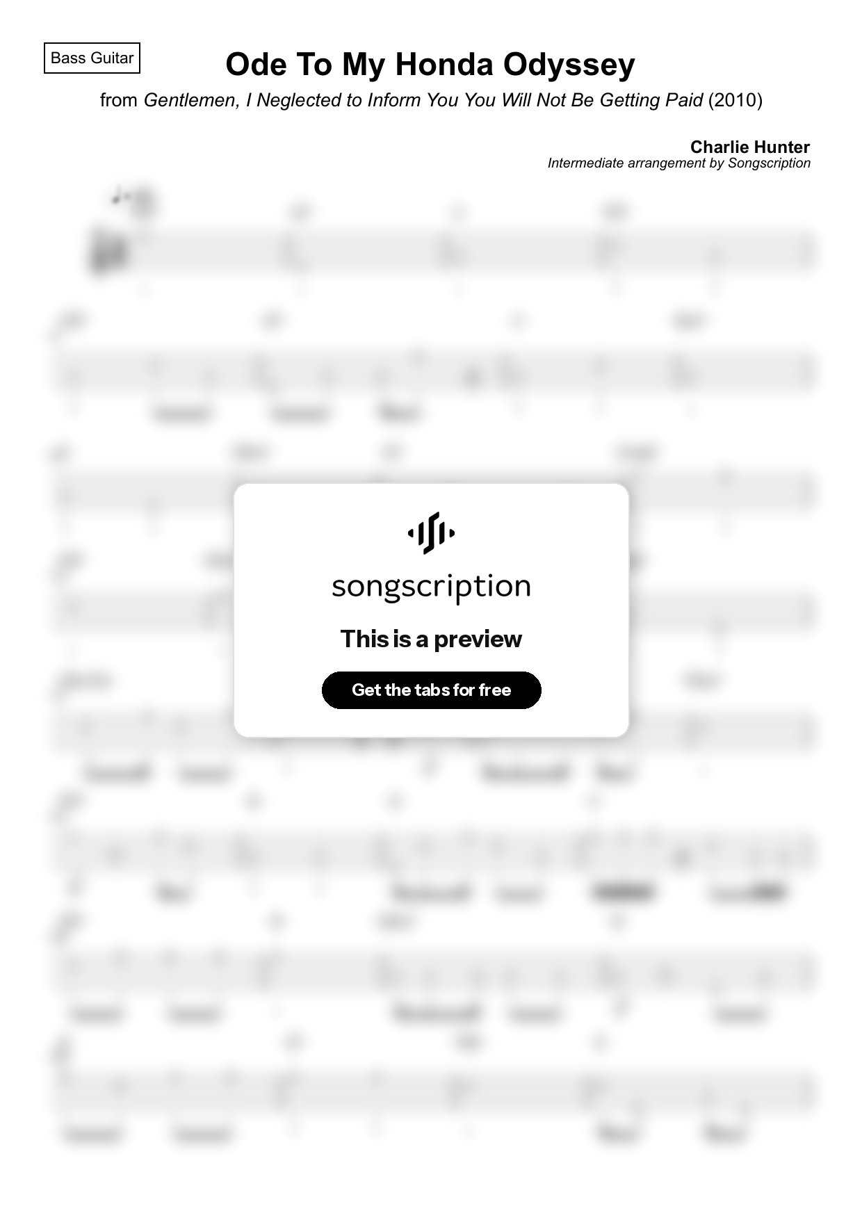 Intermediate Bass Guitar Tabs for "Ode To My Honda Odyssey" by Charlie Hunter