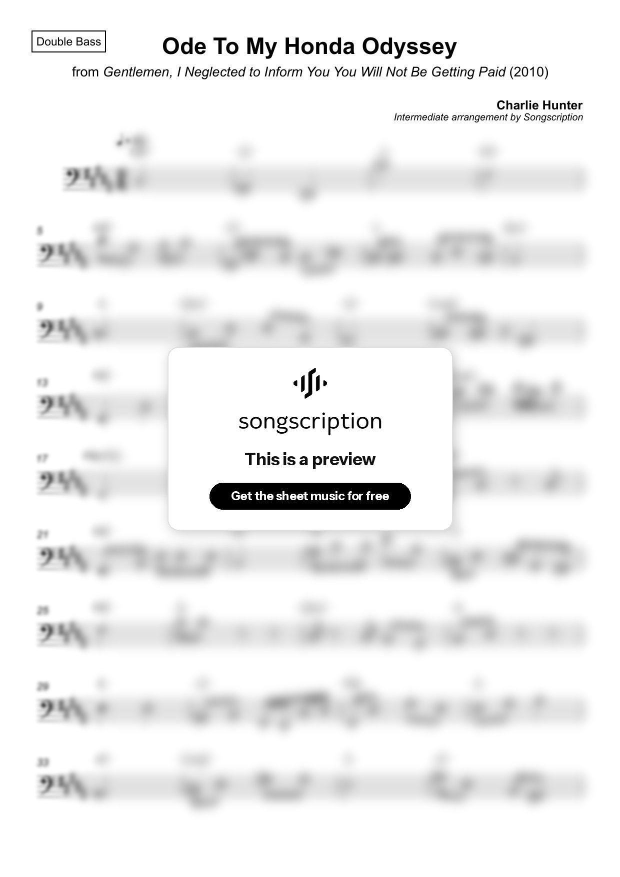 Intermediate Double Bass Sheet Music for "Ode To My Honda Odyssey" by Charlie Hunter