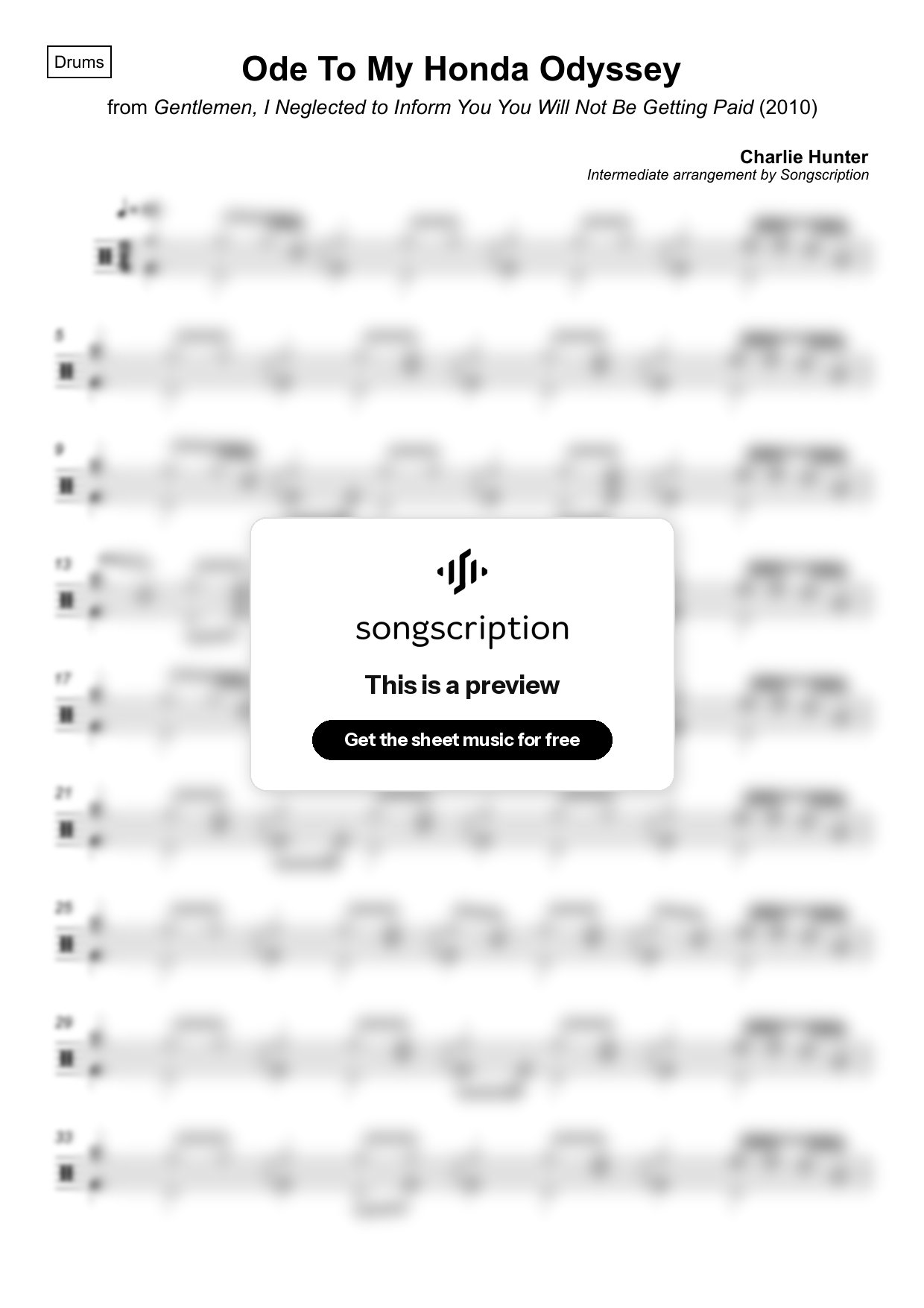 Intermediate Drums Sheet Music for "Ode To My Honda Odyssey" by Charlie Hunter