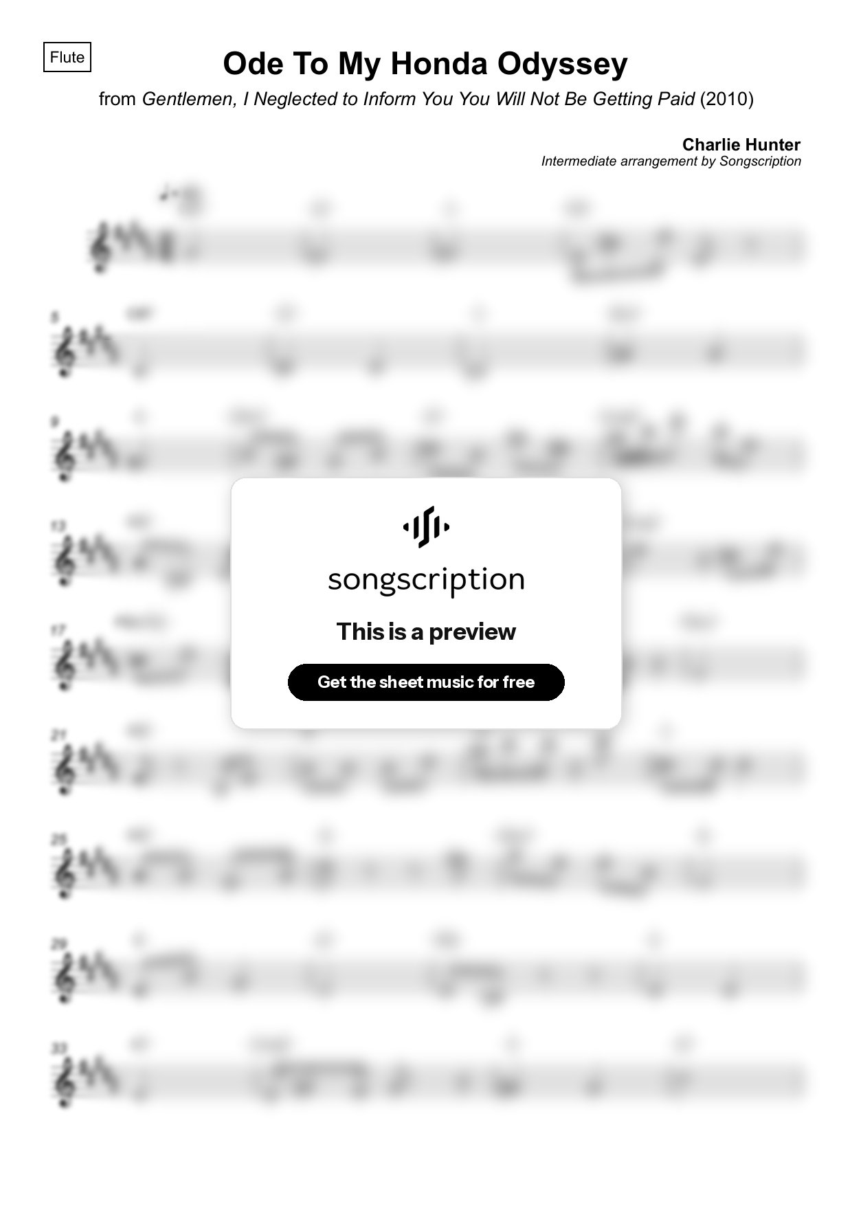 Intermediate Flute Sheet Music for "Ode To My Honda Odyssey" by Charlie Hunter