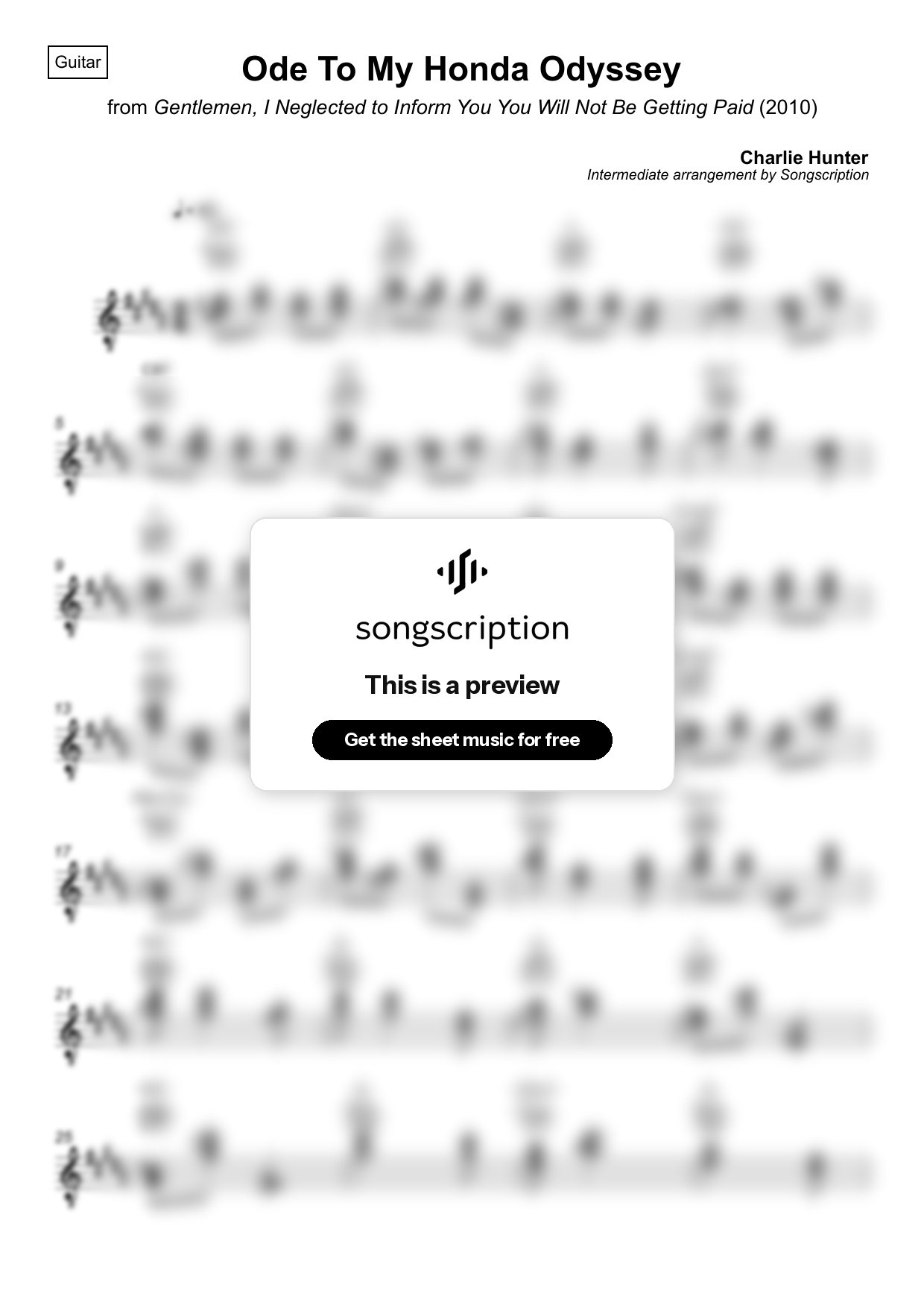 Intermediate Acoustic Guitar Sheet Music for "Ode To My Honda Odyssey" by Charlie Hunter