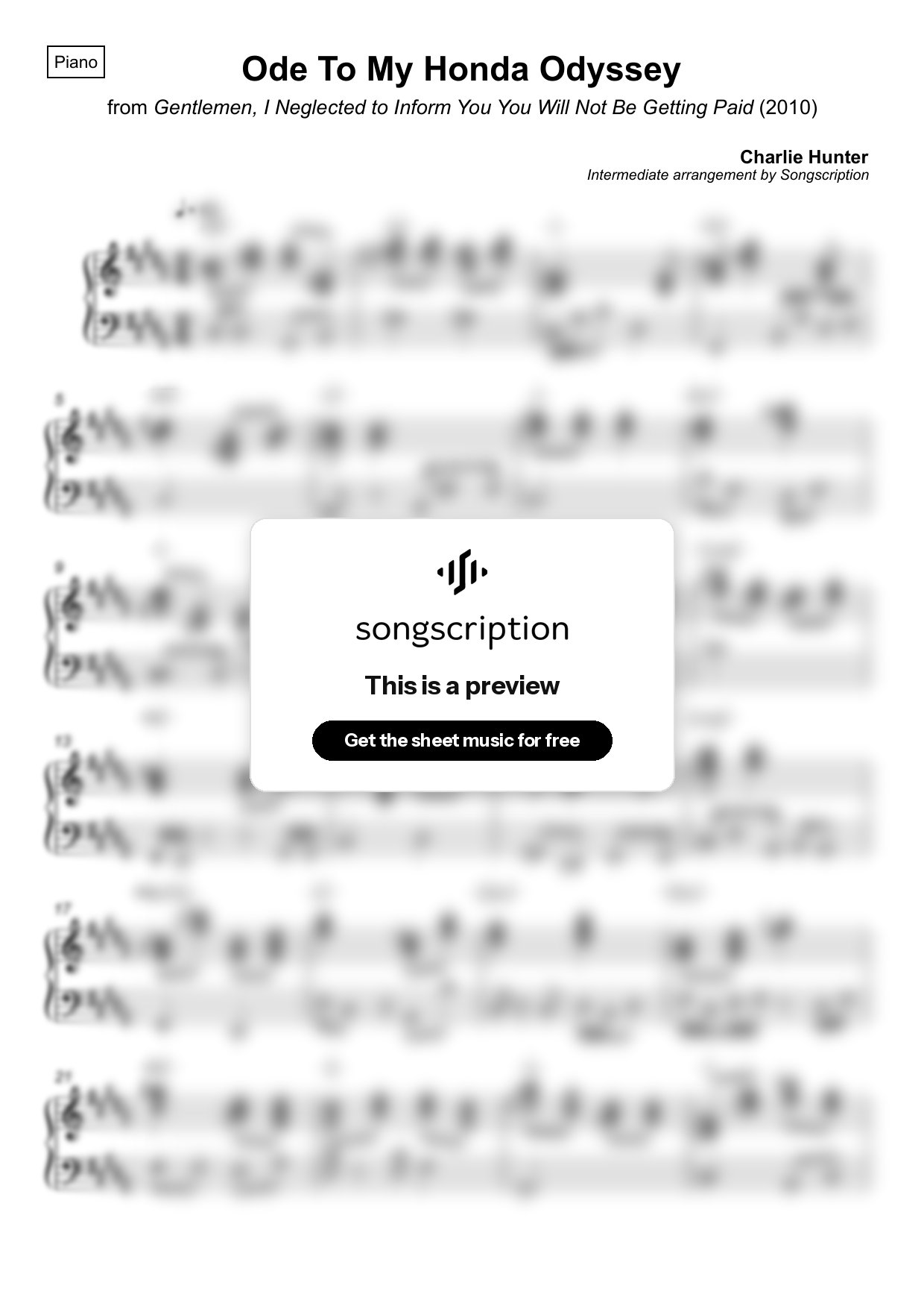 Intermediate Piano Sheet Music for "Ode To My Honda Odyssey" by Charlie Hunter