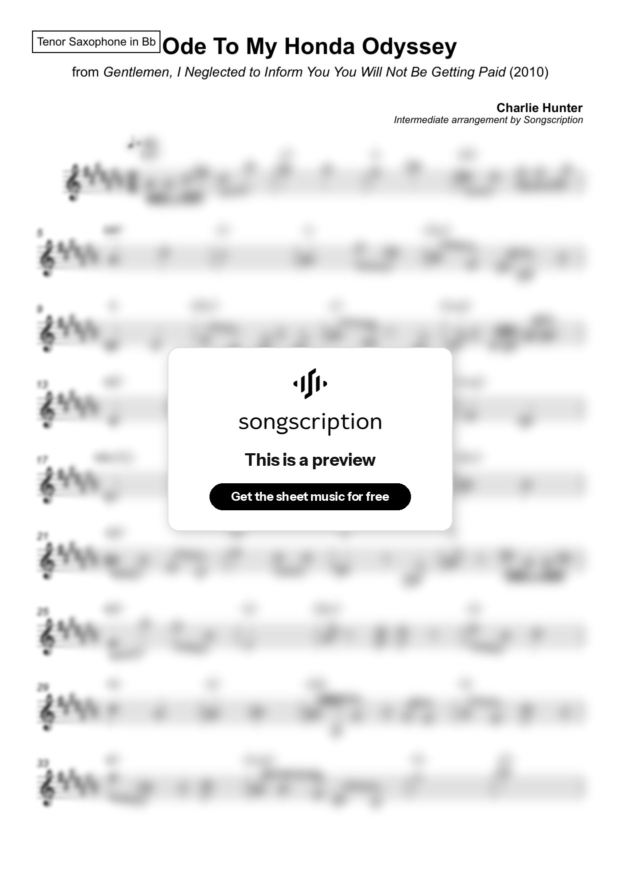 Intermediate Tenor Sax Sheet Music for "Ode To My Honda Odyssey" by Charlie Hunter