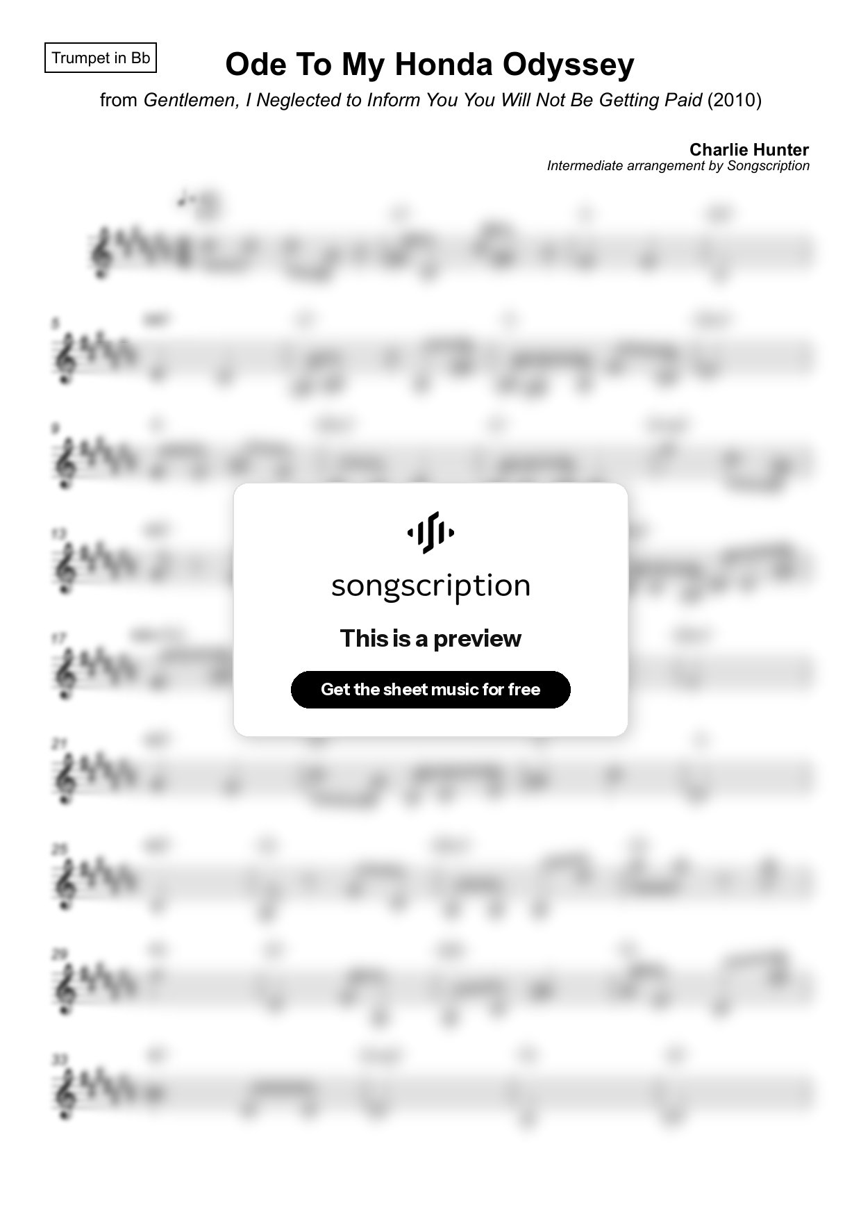 Intermediate Trumpet Sheet Music for "Ode To My Honda Odyssey" by Charlie Hunter
