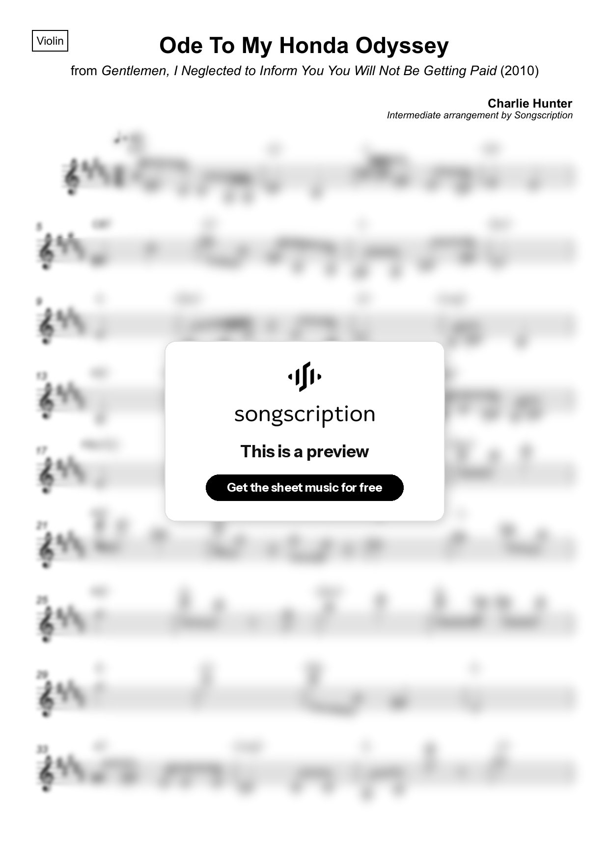 Intermediate Violin Sheet Music for "Ode To My Honda Odyssey" by Charlie Hunter