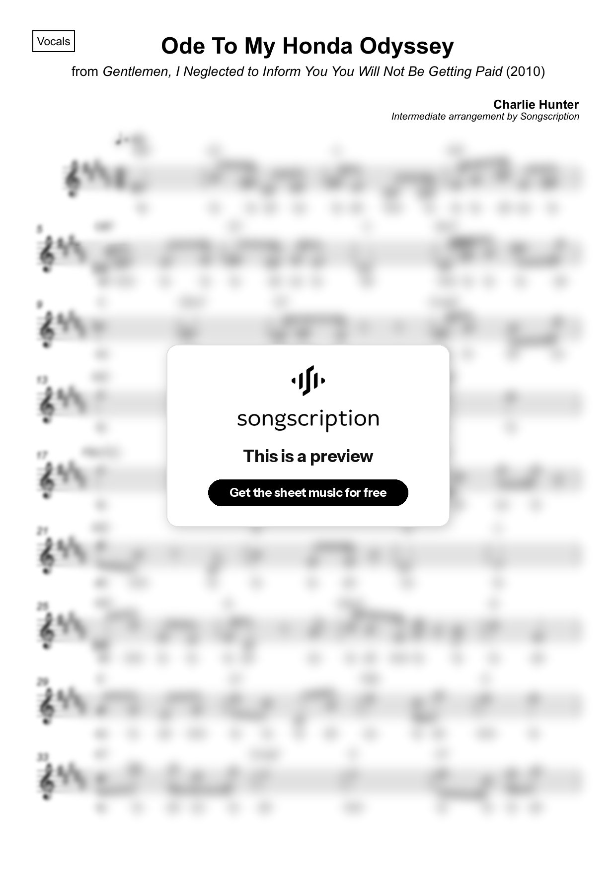 Intermediate Vocals Sheet Music for "Ode To My Honda Odyssey" by Charlie Hunter