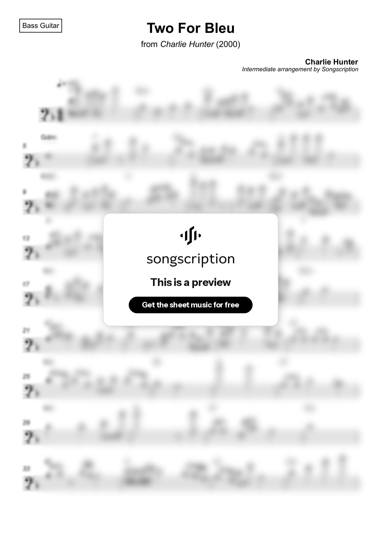 Intermediate Bass Guitar Sheet Music for "Two For Bleu" by Charlie Hunter
