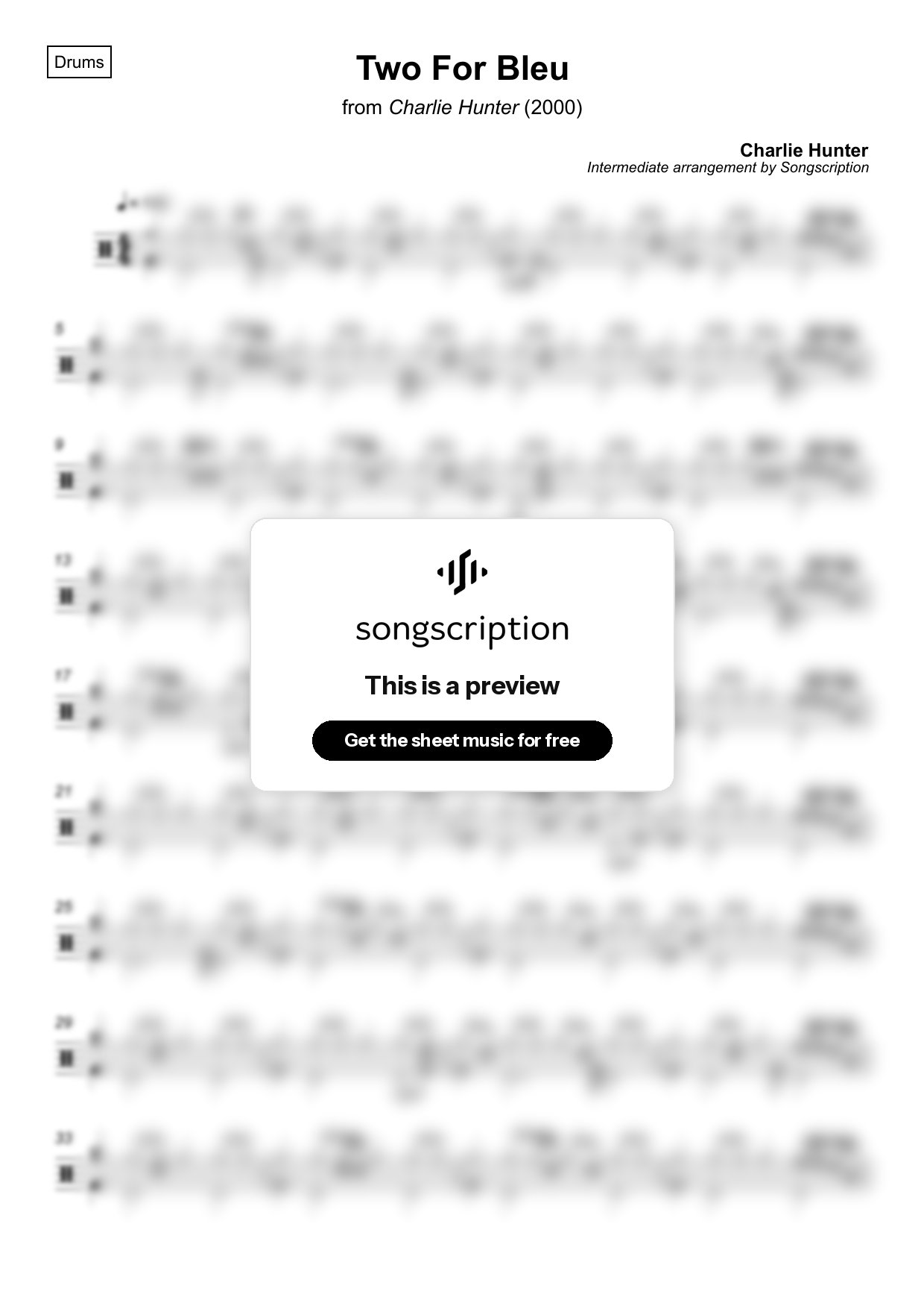 Intermediate Drums Sheet Music for "Two For Bleu" by Charlie Hunter