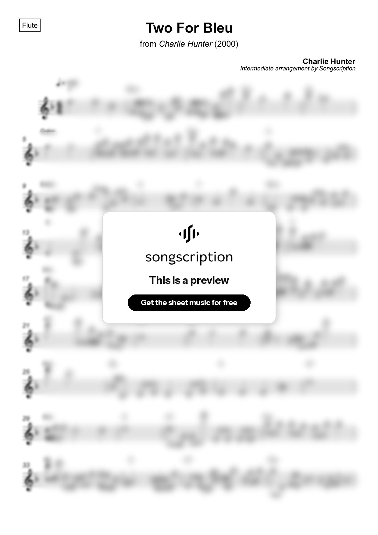 Intermediate Flute Sheet Music for "Two For Bleu" by Charlie Hunter