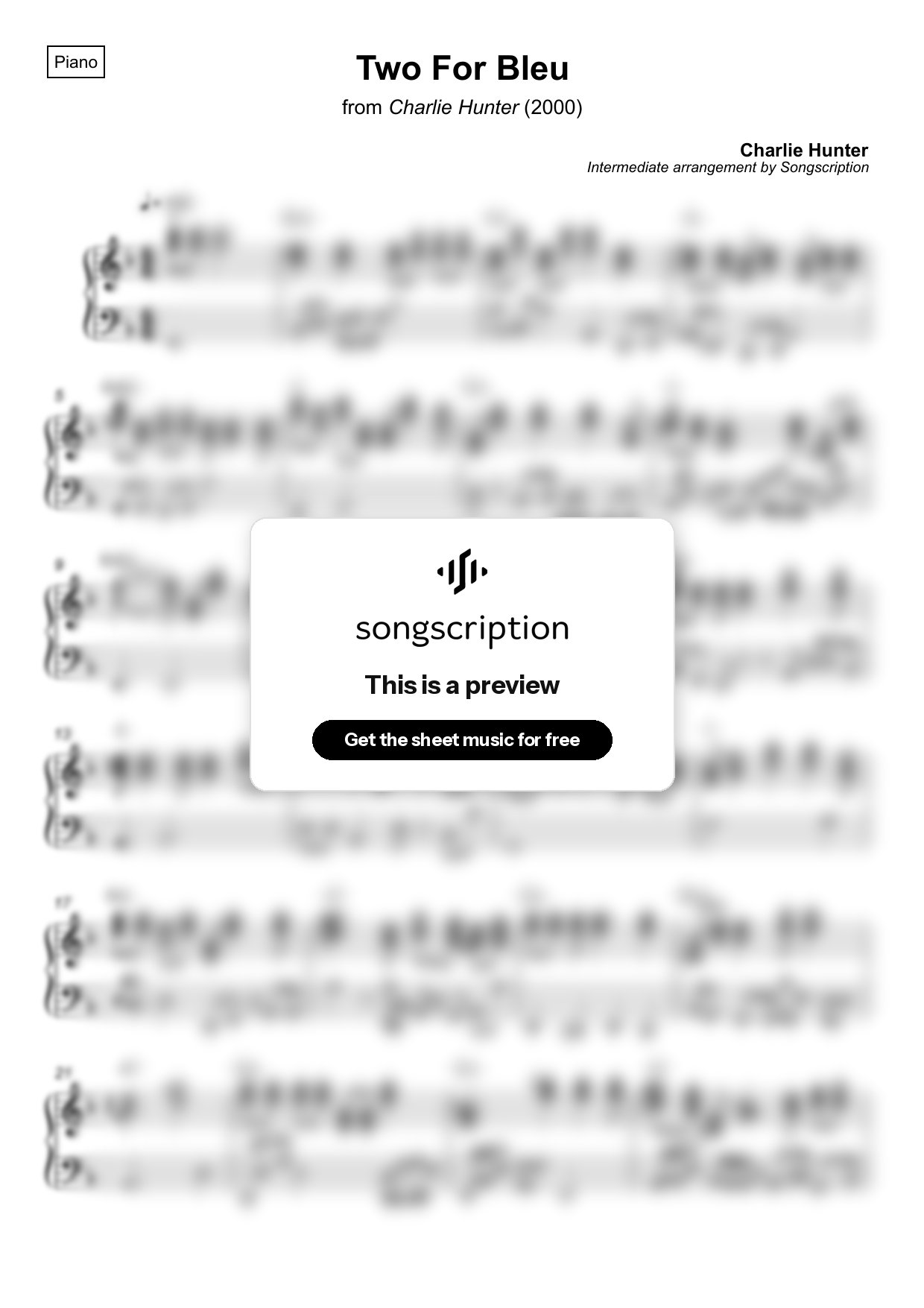 Intermediate Piano Sheet Music for "Two For Bleu" by Charlie Hunter