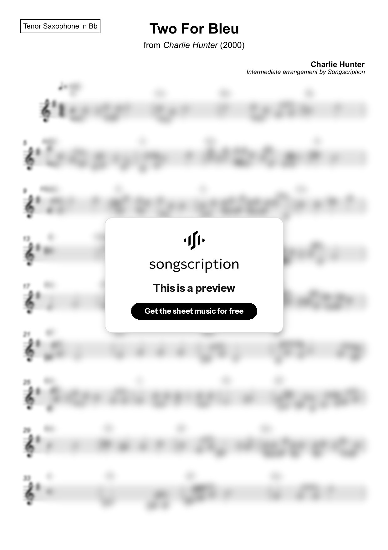 Intermediate Tenor Sax Sheet Music for "Two For Bleu" by Charlie Hunter