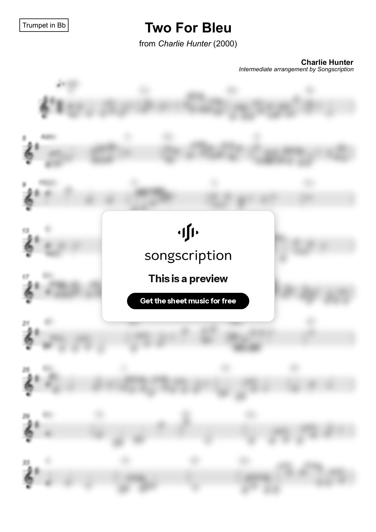 Intermediate Trumpet Sheet Music for "Two For Bleu" by Charlie Hunter