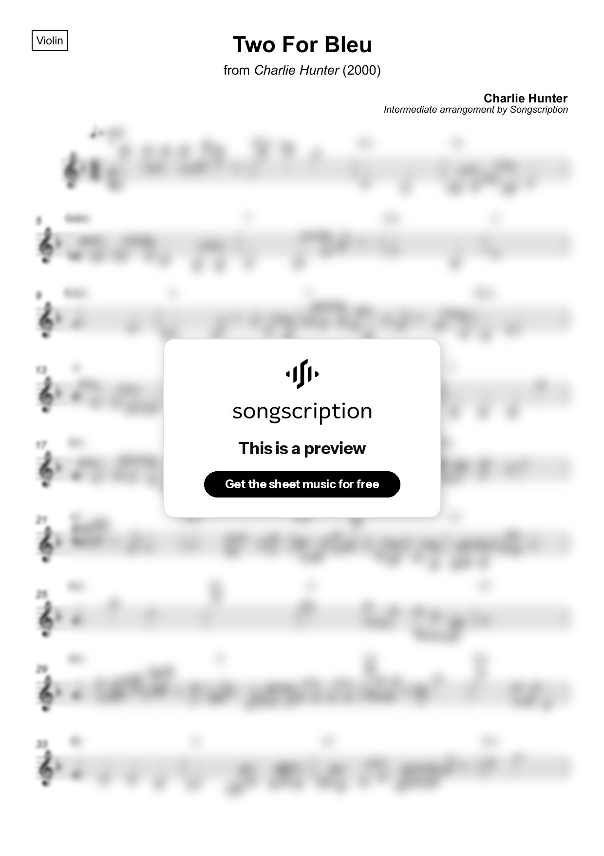 Intermediate Violin Sheet Music for "Two For Bleu" by Charlie Hunter