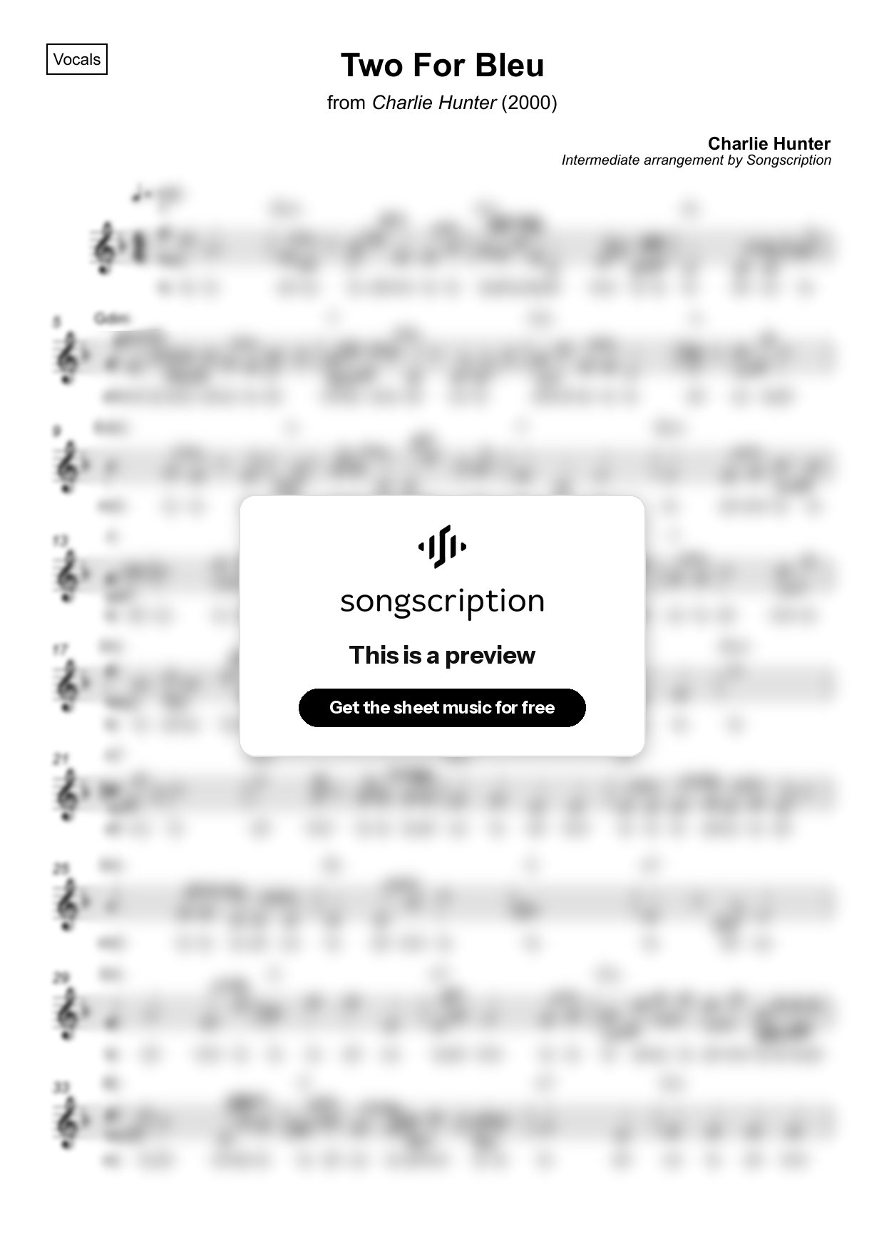 Intermediate Vocals Sheet Music for "Two For Bleu" by Charlie Hunter