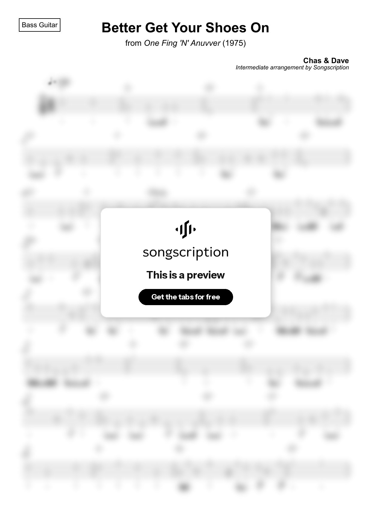 Intermediate Bass Guitar Tabs for "Better Get Your Shoes On" by Chas & Dave