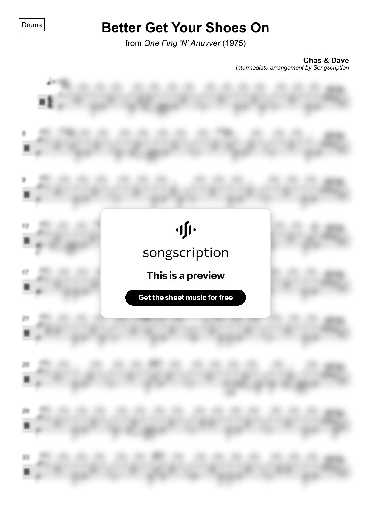 Intermediate Drums Sheet Music for "Better Get Your Shoes On" by Chas & Dave