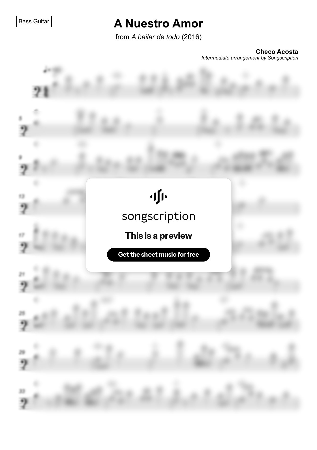 Intermediate Bass Guitar Sheet Music for "A Nuestro Amor" by Checo Acosta